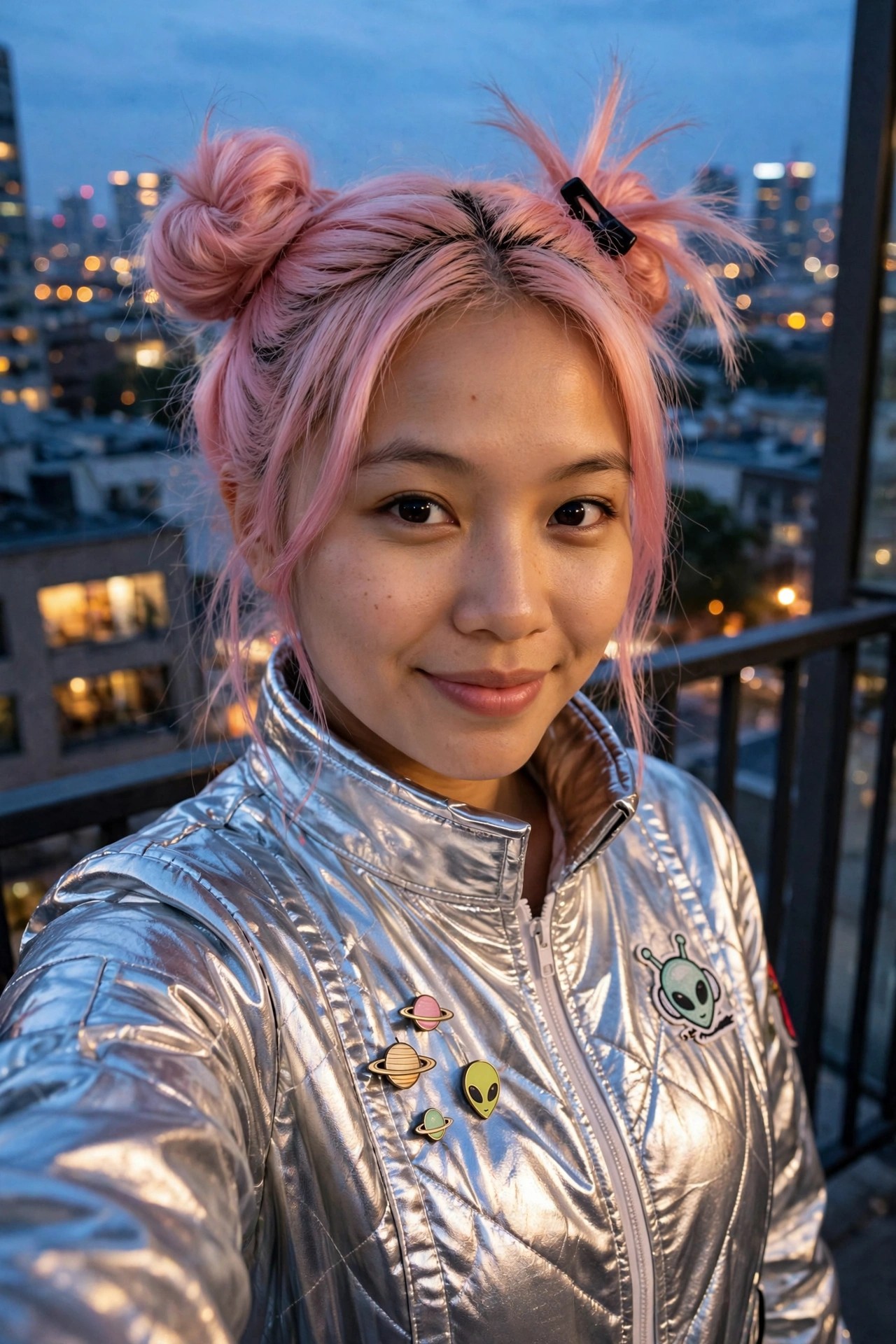 Woman wearing a silver metallic puffy jacket with alien and planet enamel pins, styled with bright pink hair in two space buns.
