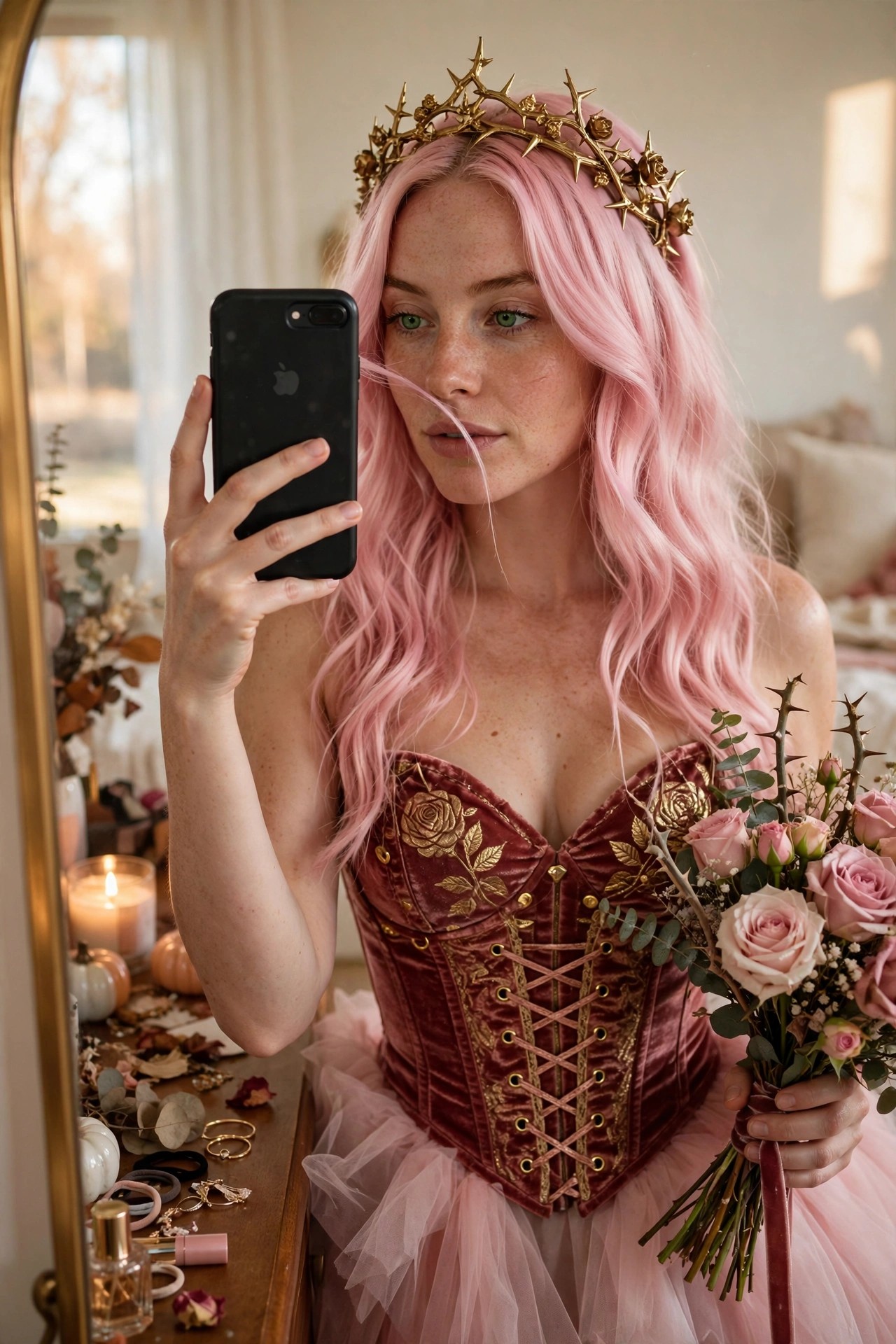 Woman wearing a maroon velvet corset with gold rose details, pink tulle skirt, and gold thorny crown while holding pink roses and taking a selfie.