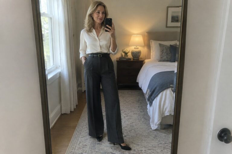 Woman in white shirt and gray trousers taking mirror selfie in bedroom