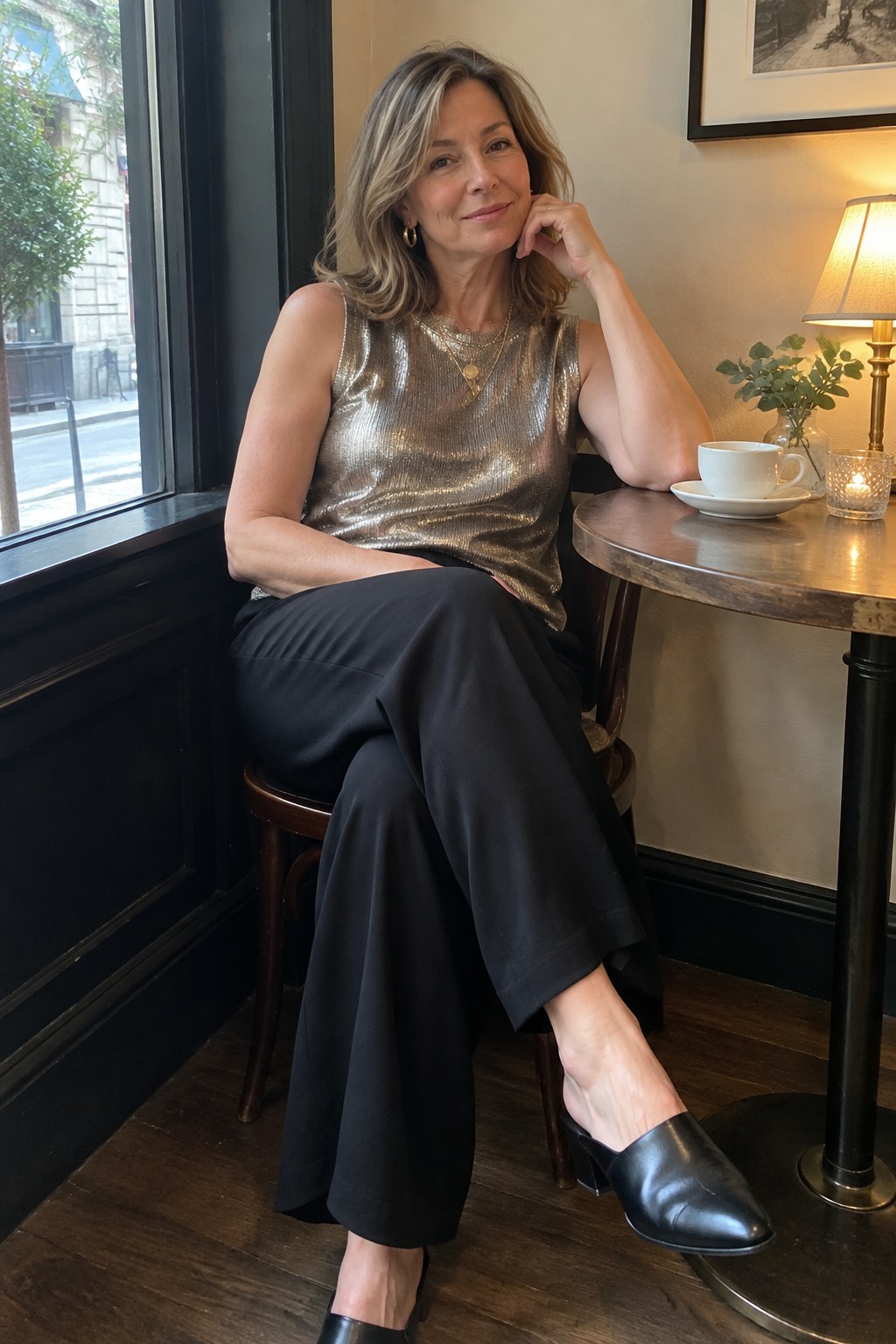 Woman in sleeveless gold metallic top and black wide pants seated by cafe window