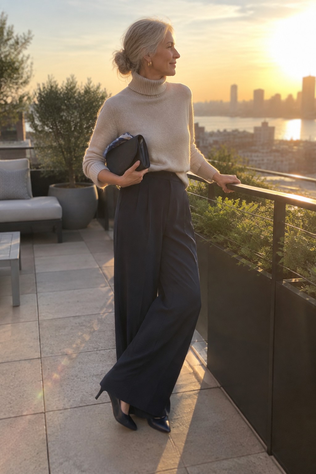 Silver-haired woman in beige turtleneck and navy wide-leg pants on sunset city balcony