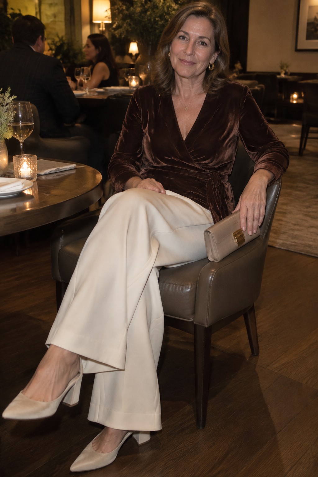 Woman in brown velvet wrap top and white wide-leg pants holding beige clutch in restaurant
