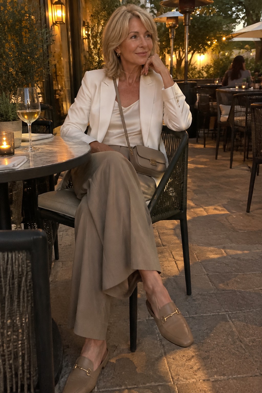 Elegant woman in white blazer and beige trousers seated at outdoor cafe table with wine