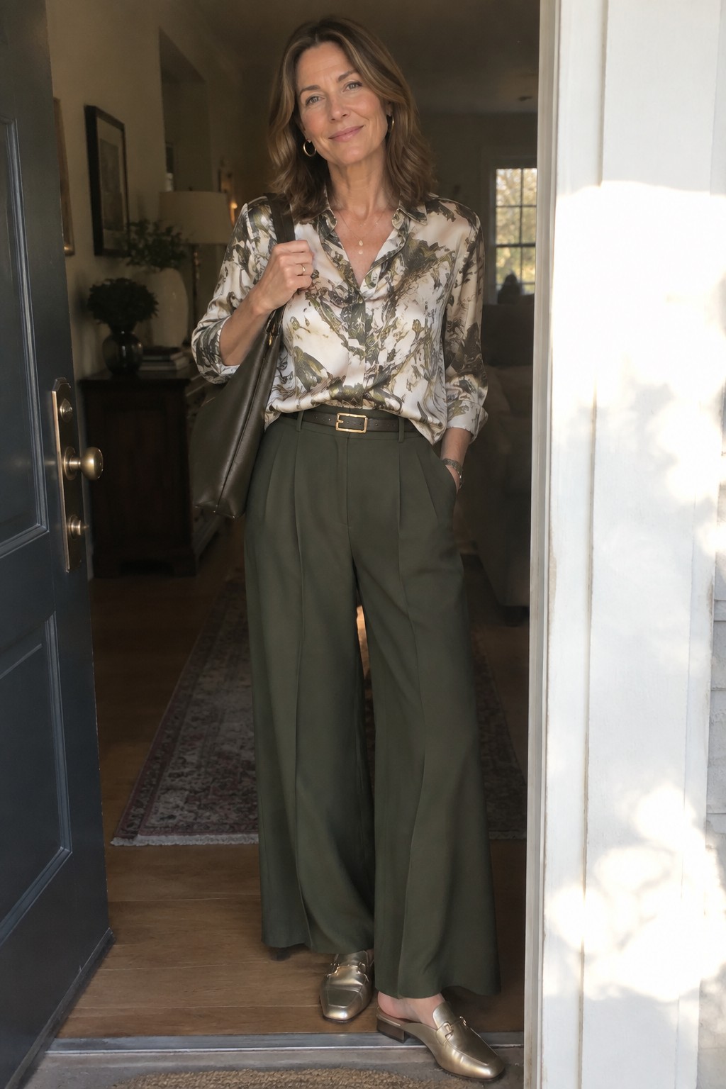 Woman in patterned blouse and green wide-leg pants standing in home doorway
