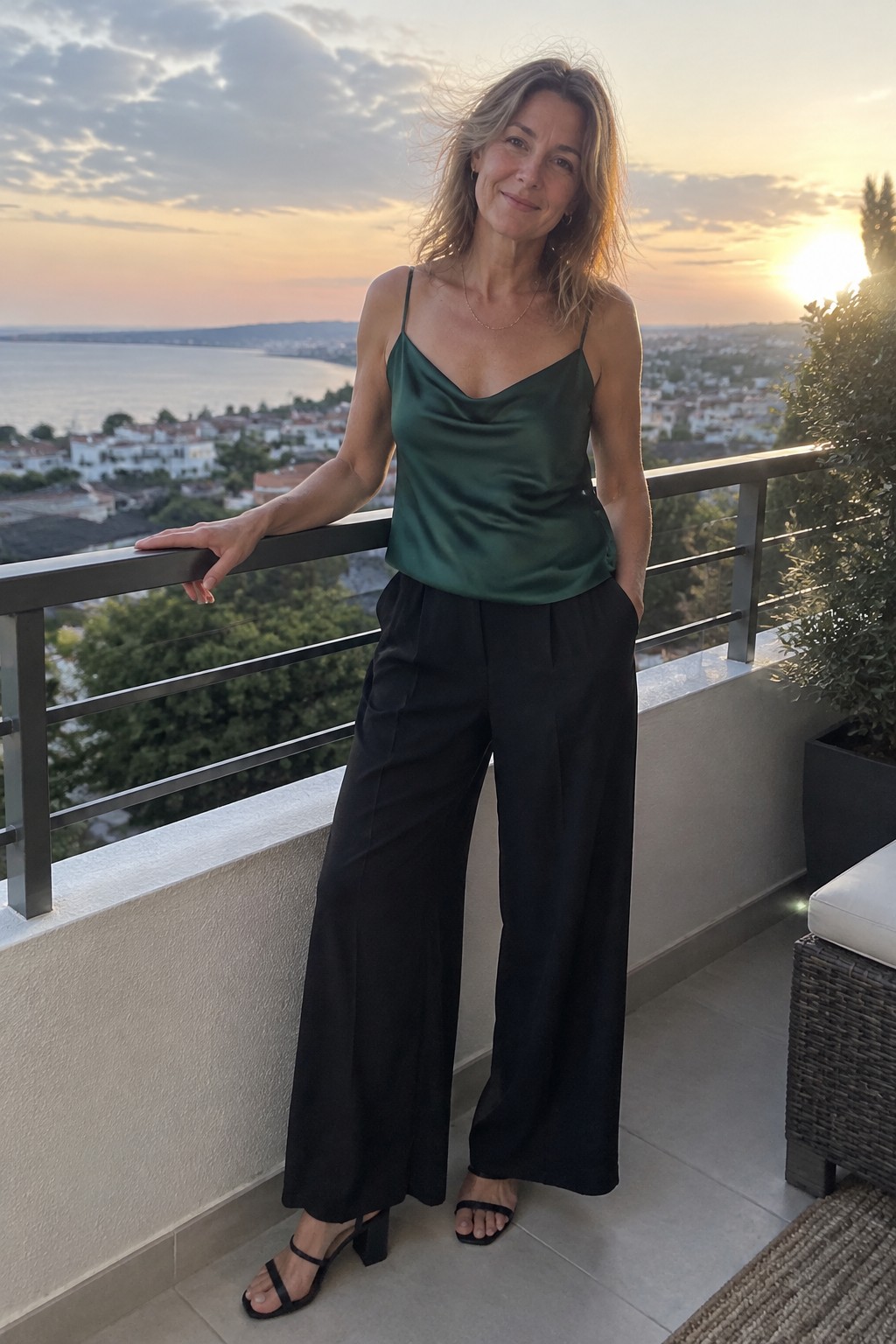 Woman in green satin top and black wide-leg pants on sunset balcony overlooking sea