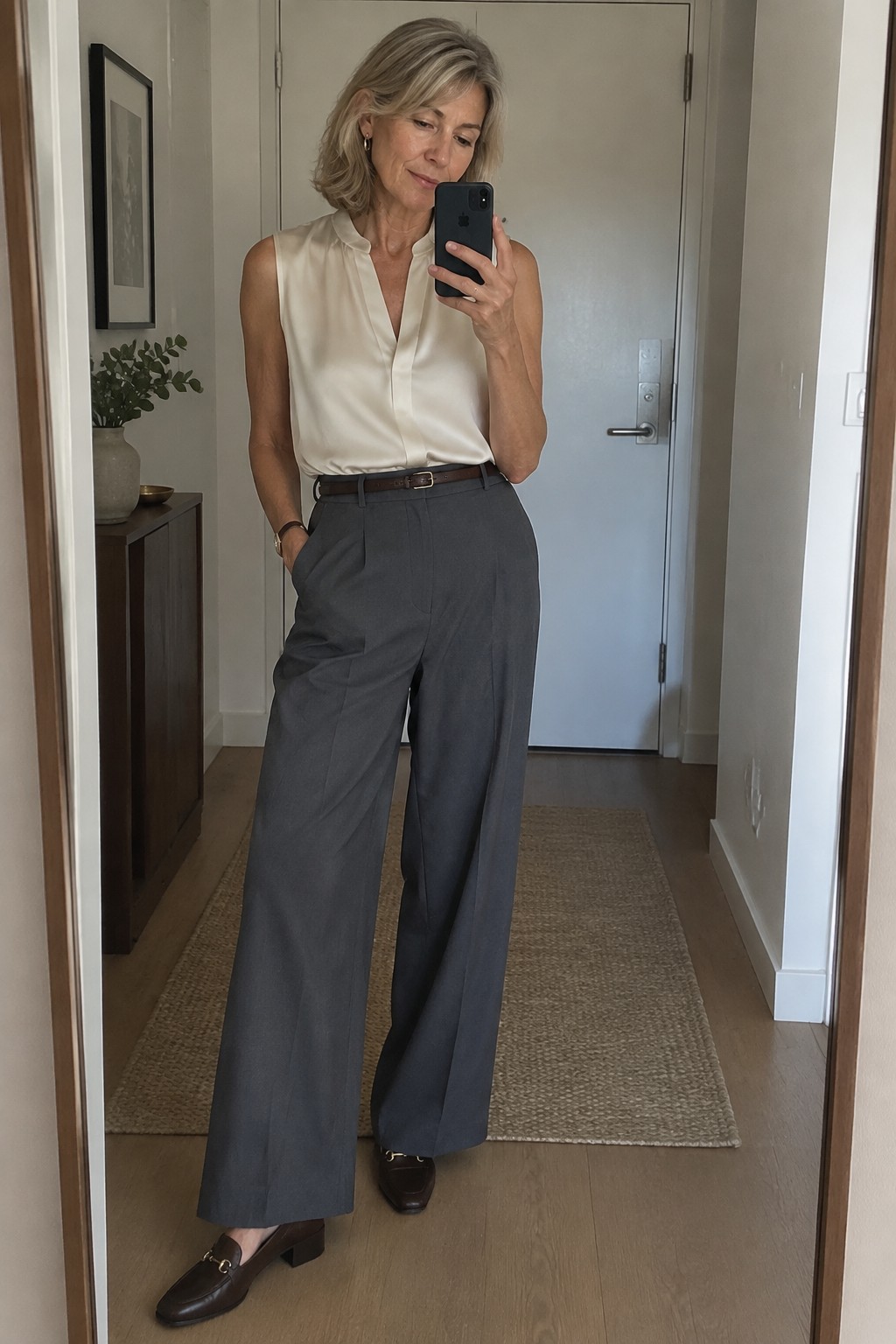 Woman in cream sleeveless blouse and gray trousers taking mirror selfie in hallway.