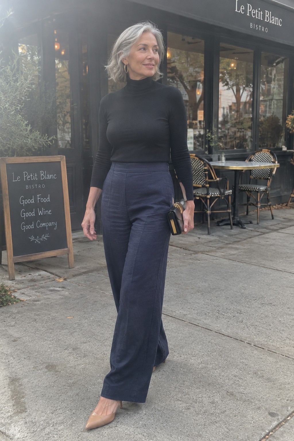 Stylish woman in black turtleneck and navy wide-leg pants outside French bistro.