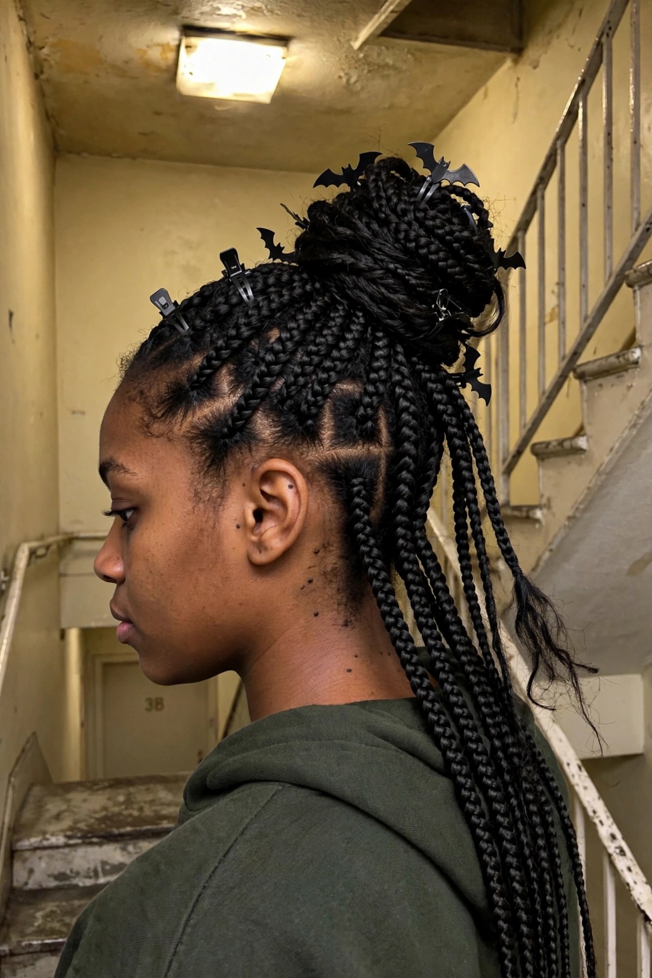 Woman shown in profile wearing a high braided updo secured with multiple black bat shaped hair clips, with long braids hanging down one side.