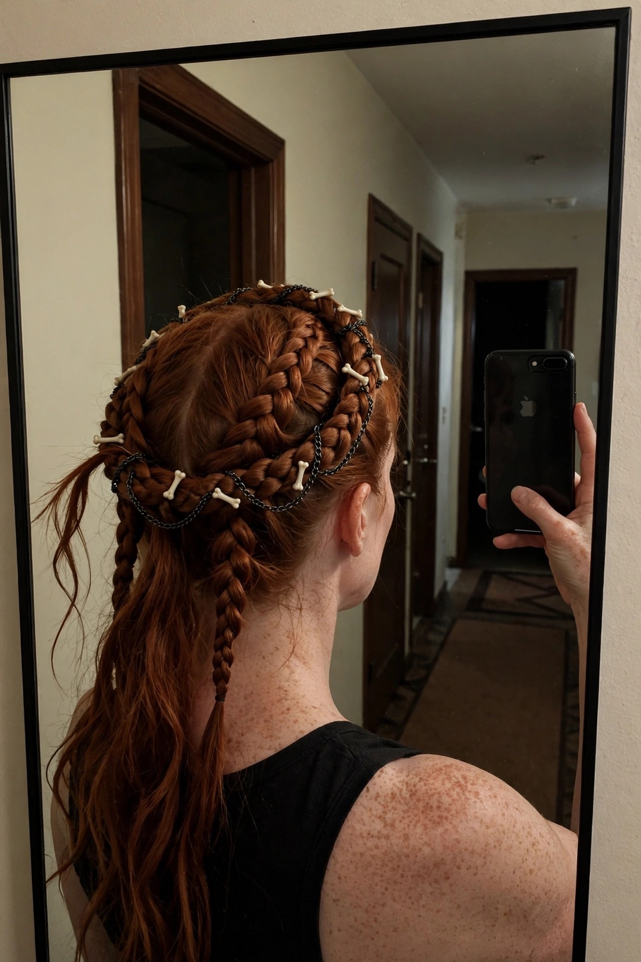Red hair styled in multiple connected braids with black chains and small white bone beads arranged across the head and down the back.