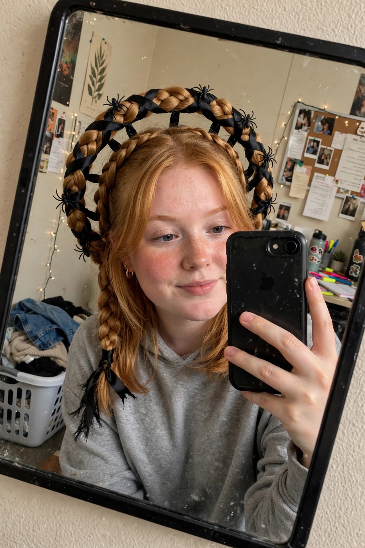 Reddish blonde hair styled in two braids arranged in a circular crown around the head, black ribbon woven through the plaits, small black spider decorations attached at intervals.