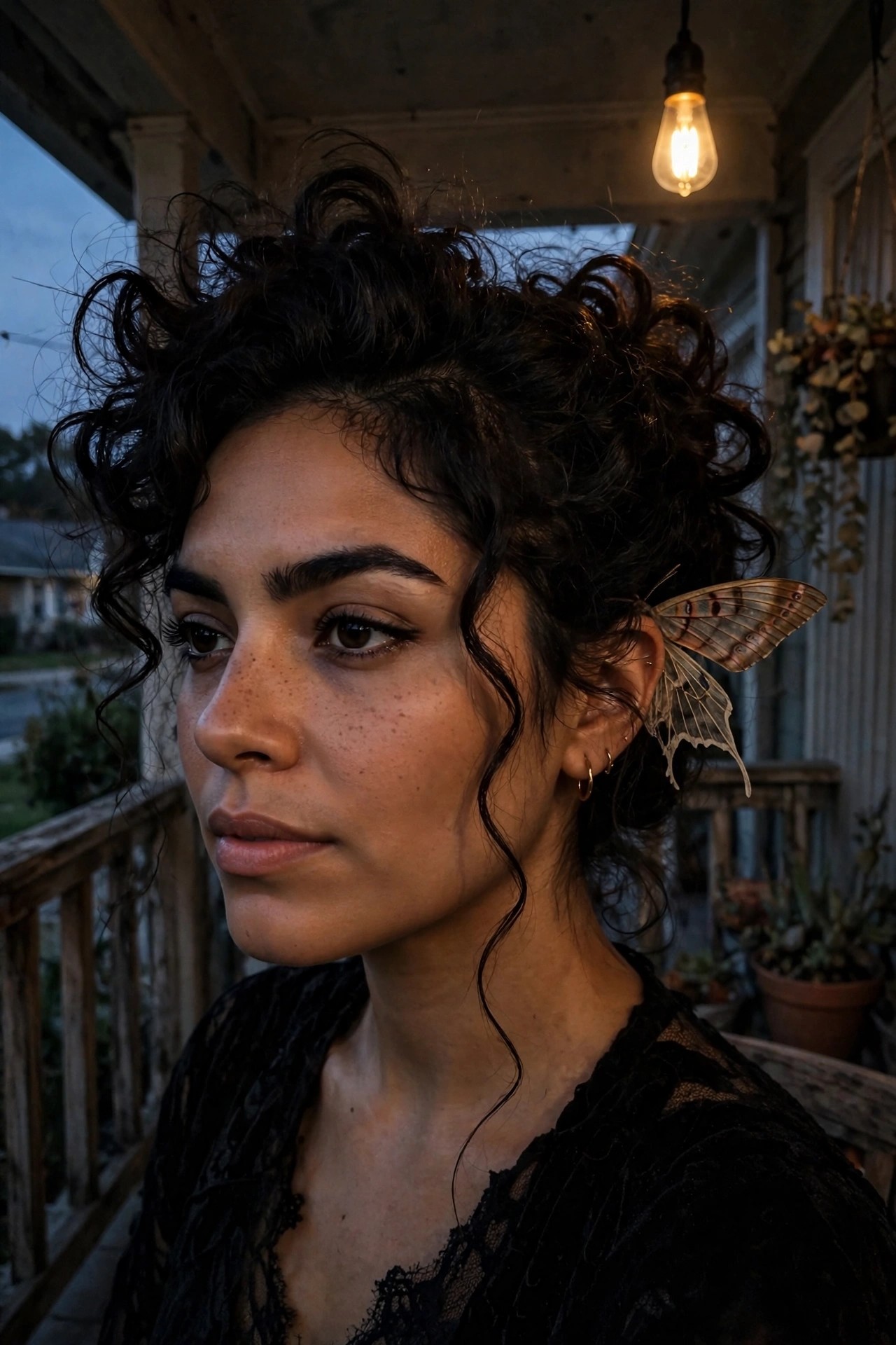 Dark curly hair styled in a high messy updo with loose tendrils framing the face and a large moth wing accessory attached near the ear.