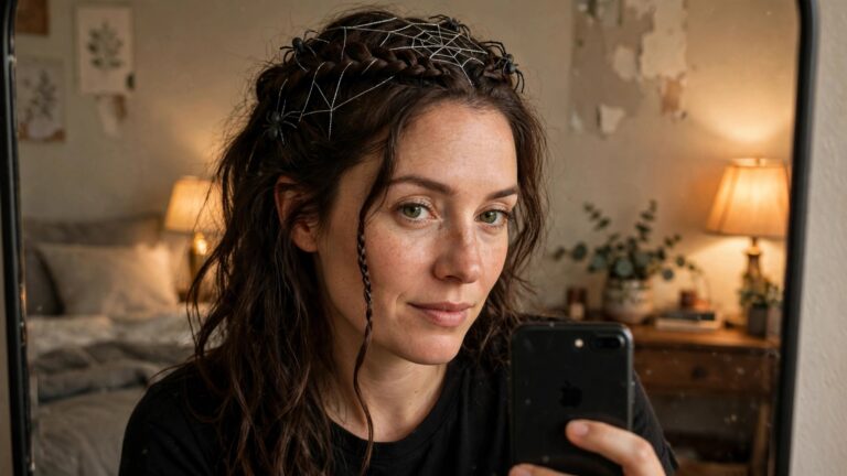 Woman with dark brown hair styled in a crown braid with silver chains woven through and small black spiders placed along the braids.