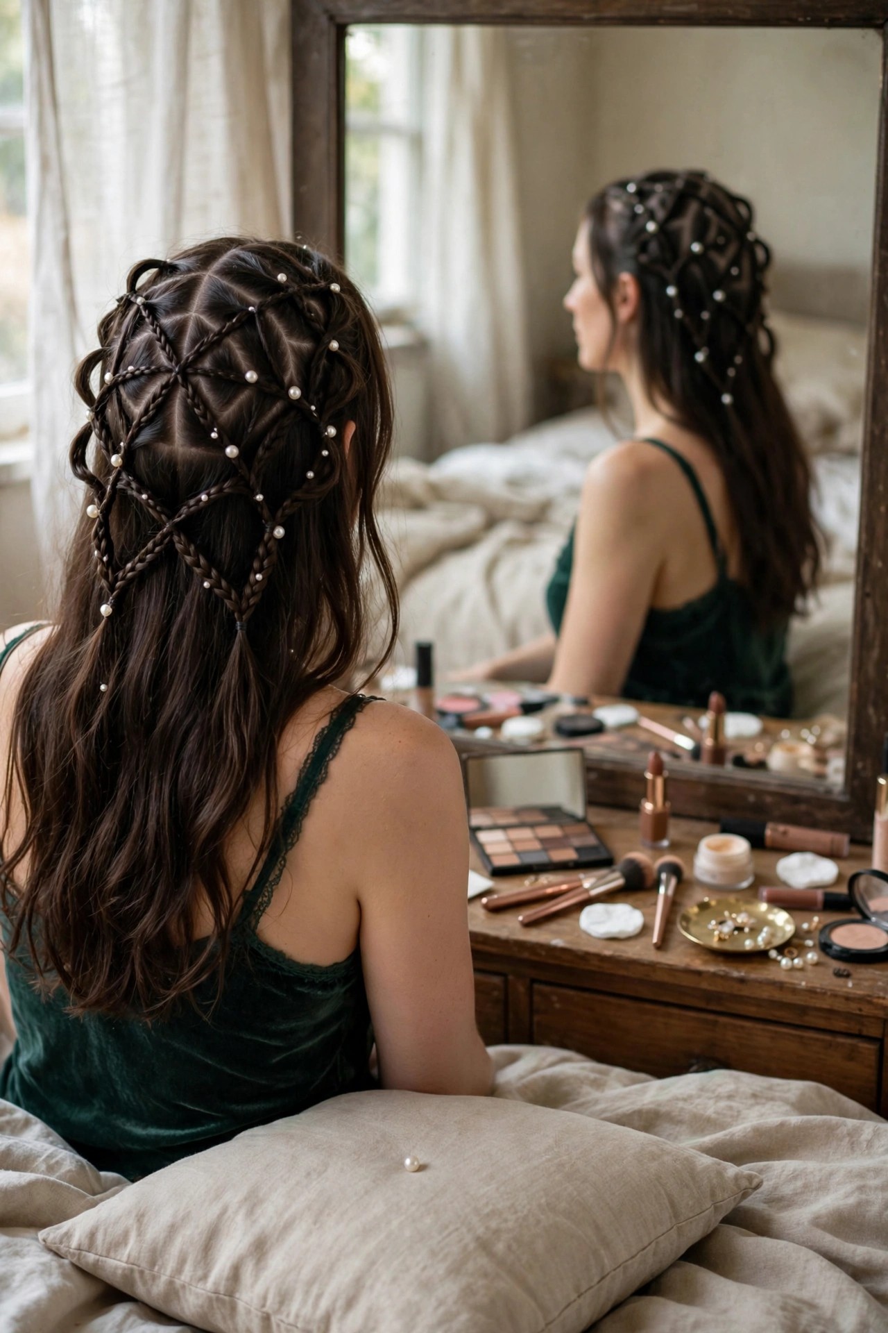 Back view of dark brown hair styled in an intricate web of small braids decorated with scattered pearl beads, shown with its mirror reflection.