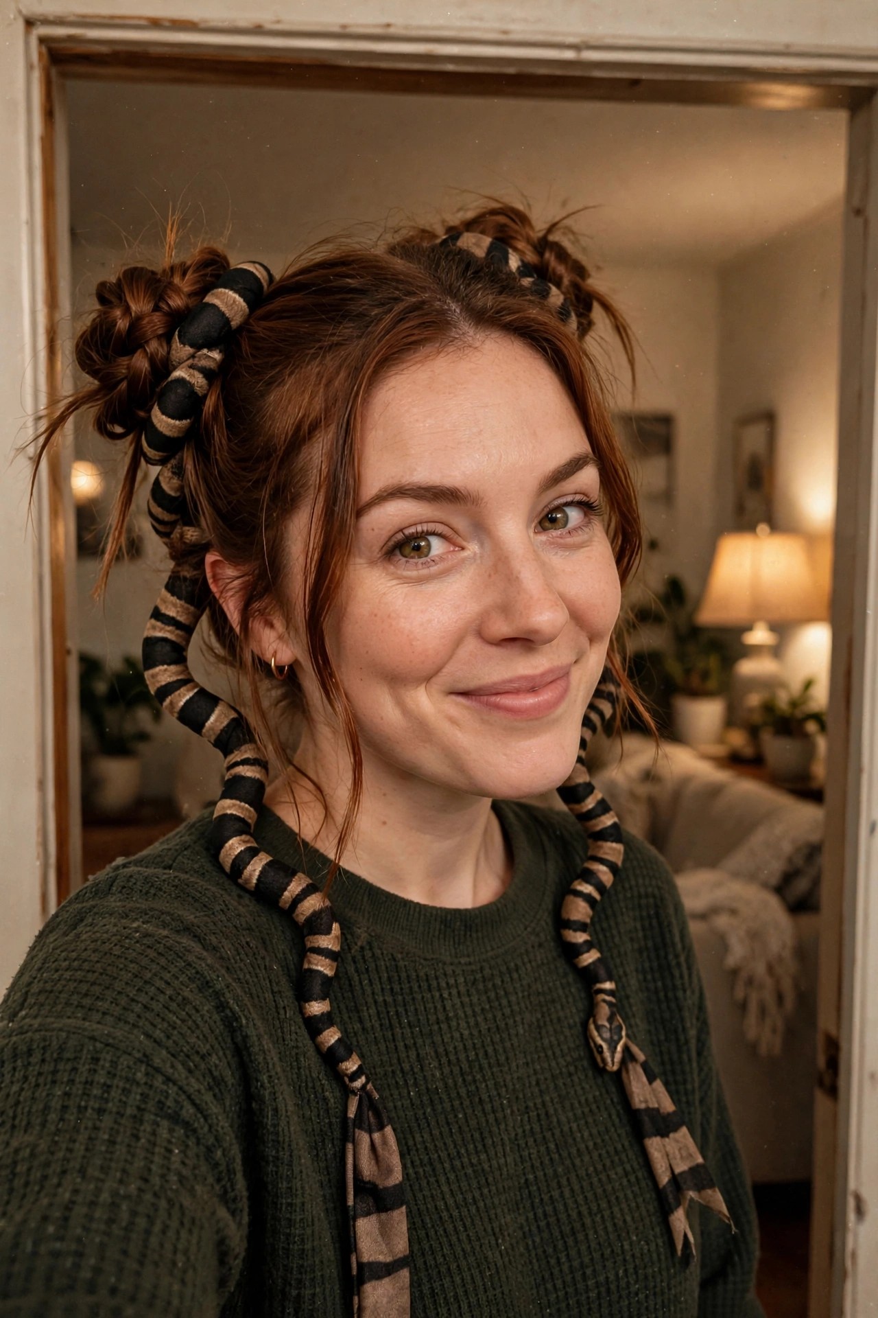 Woman with red hair in two high buns and long black and tan striped snake braids ending in snake heads.
