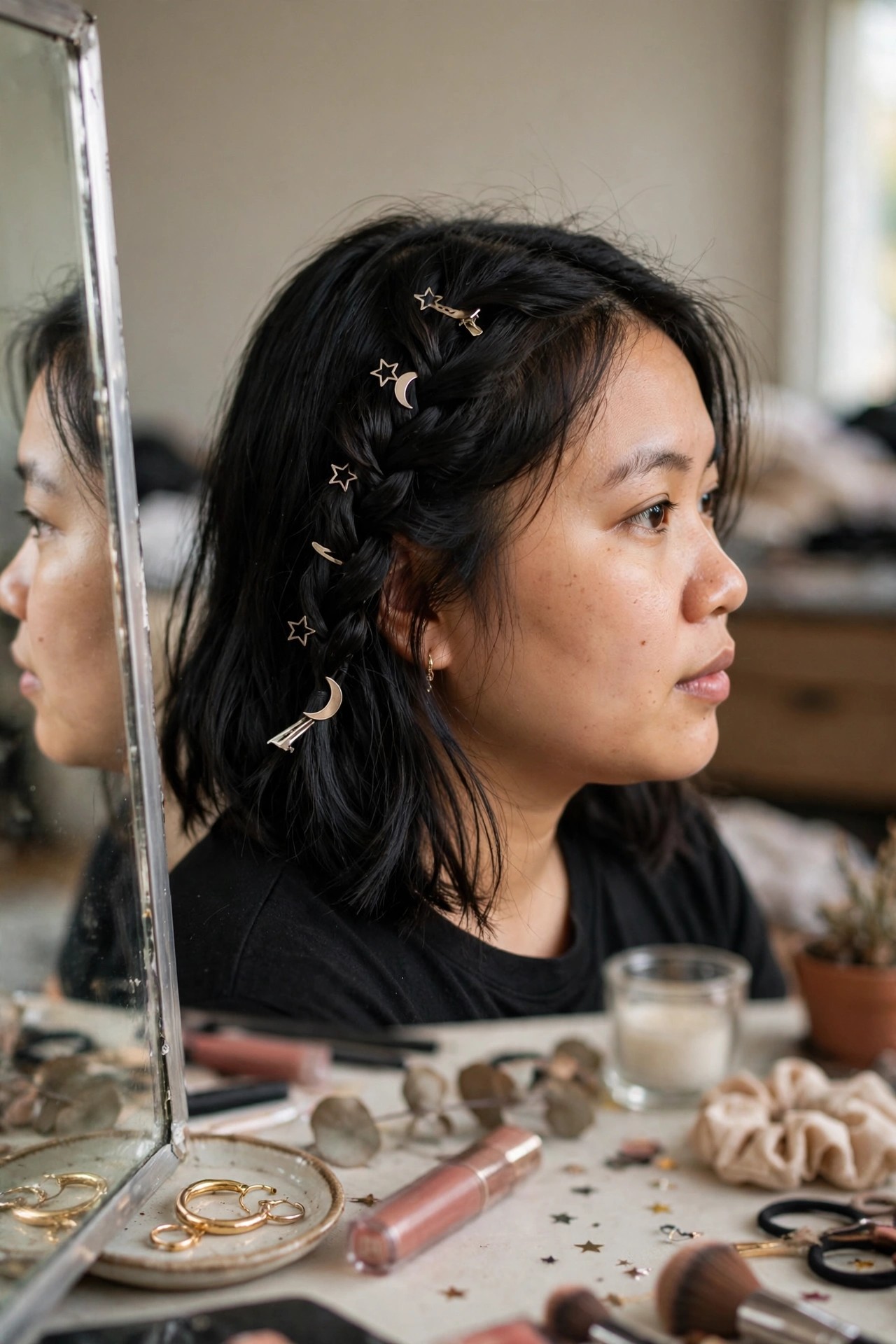 Woman with dark shoulder-length hair in a side braid decorated with gold star, moon, and shooting-star hair clips.