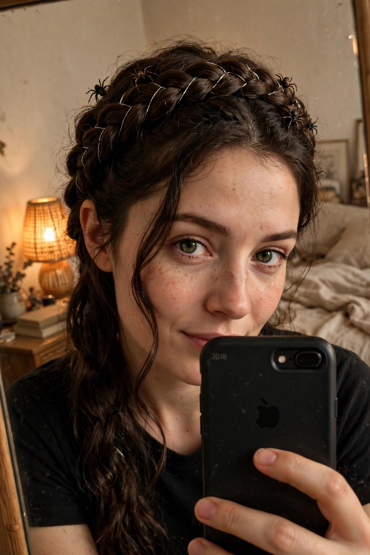 Woman with dark brown hair styled in a crown braid with silver chains woven through and small black spiders placed along the braids.