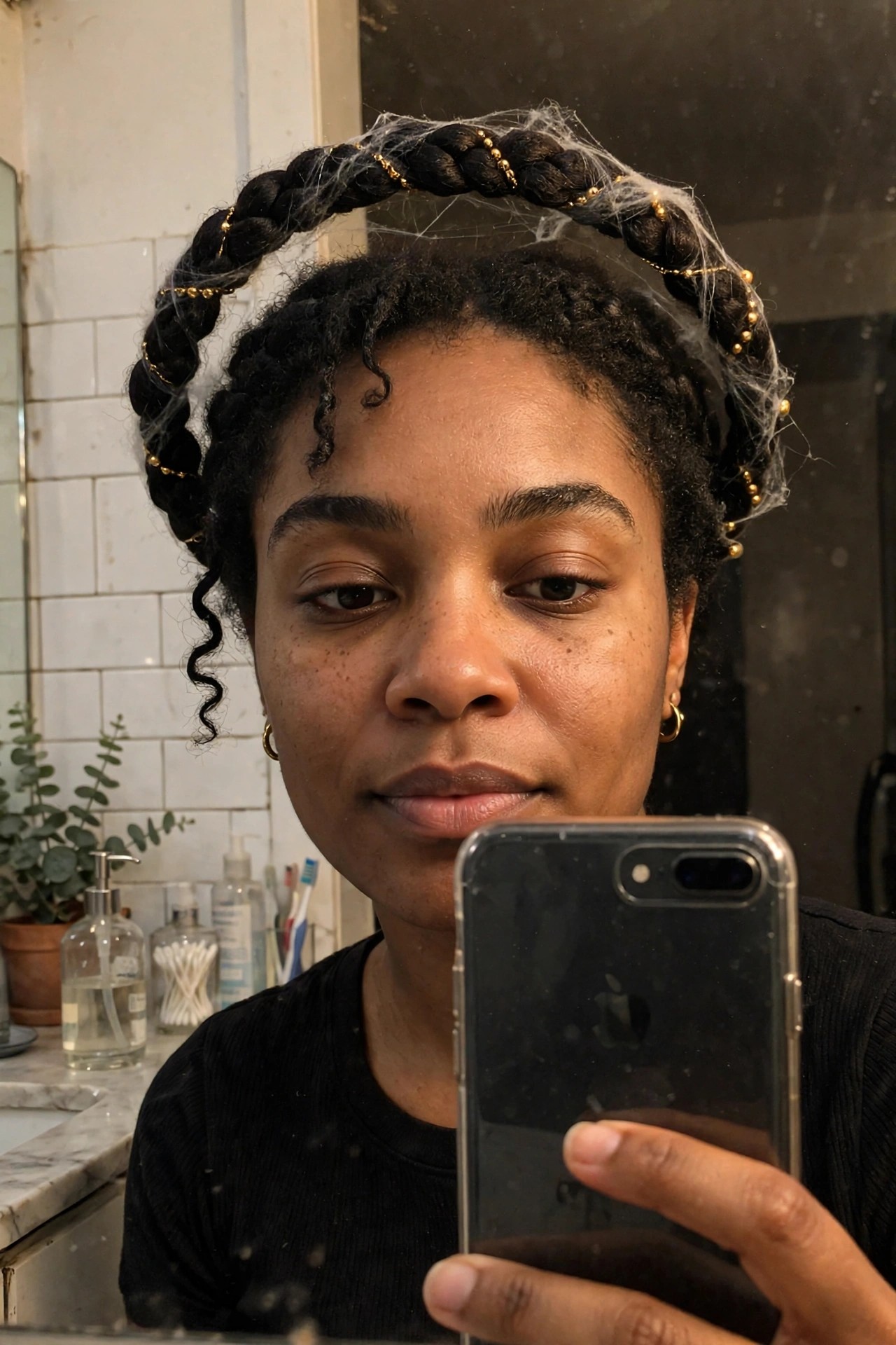 Woman wearing a thick black braid arranged as a headband across the crown, with white spiderweb material woven through and small gold beads spaced along the braid. Natural curly hair texture is visible underneath.