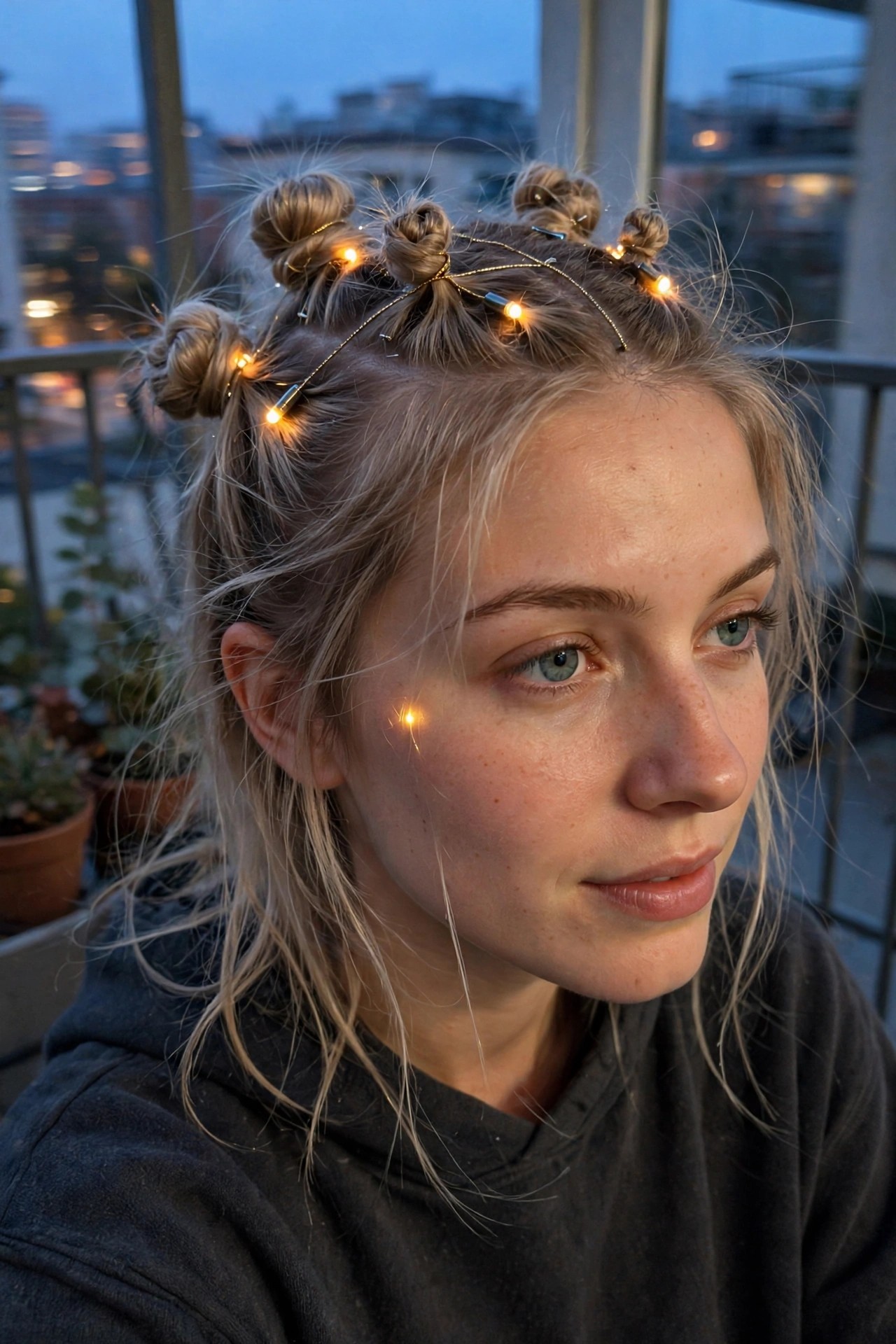 Blonde hair styled in multiple small buns across the crown with a string of small glowing lights woven through the style.