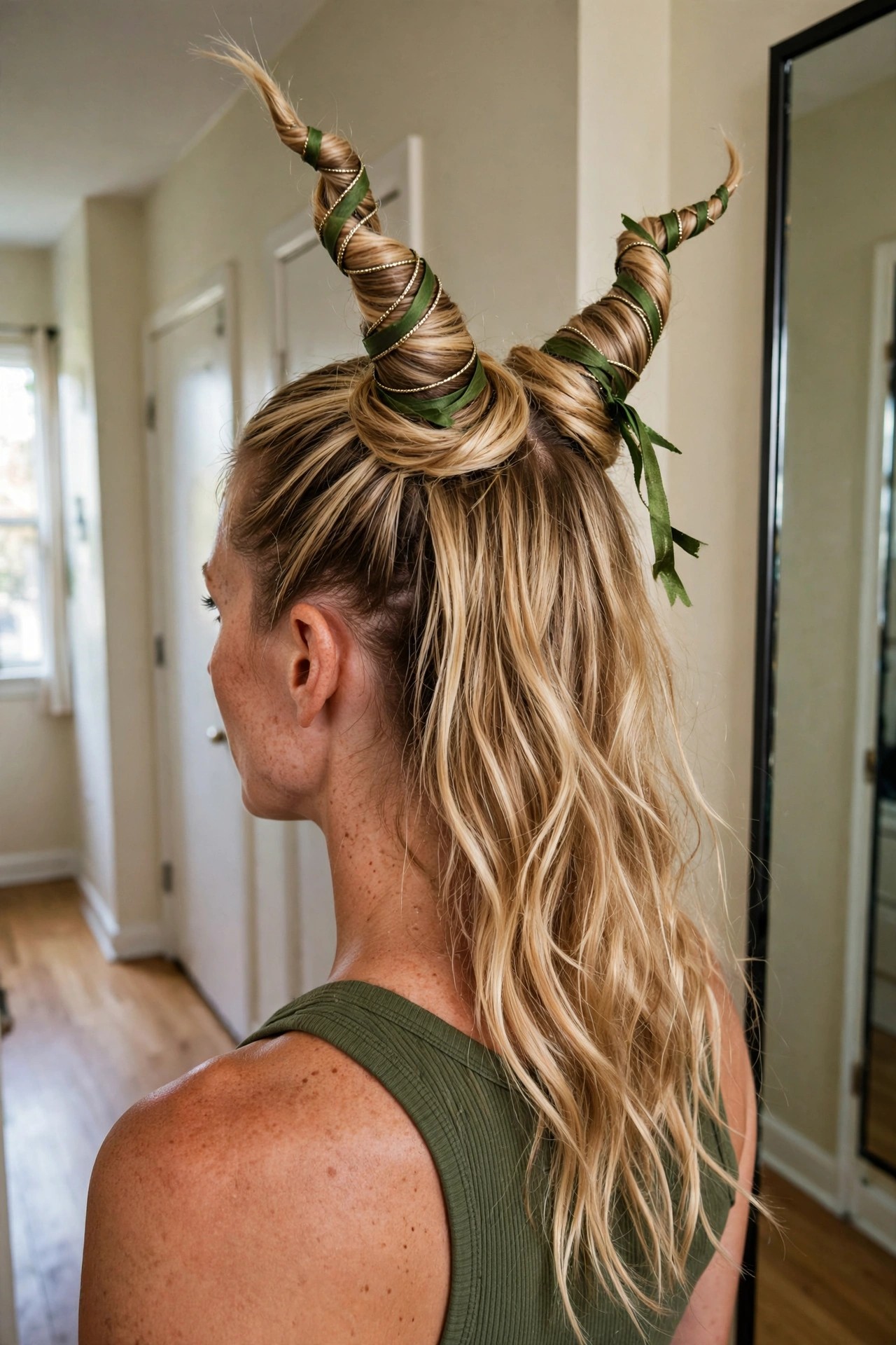 Woman with blonde hair styled into two tall twisted horns wrapped in green ribbon and gold chains, loose wavy hair below.