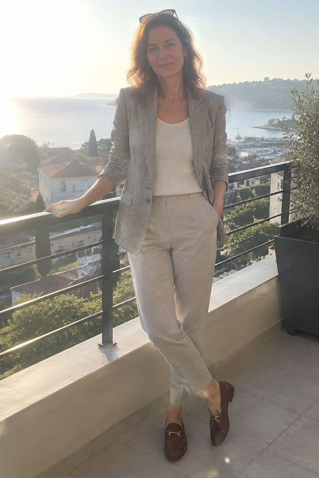 Woman in houndstooth blazer and beige pants on ocean-view balcony at sunset