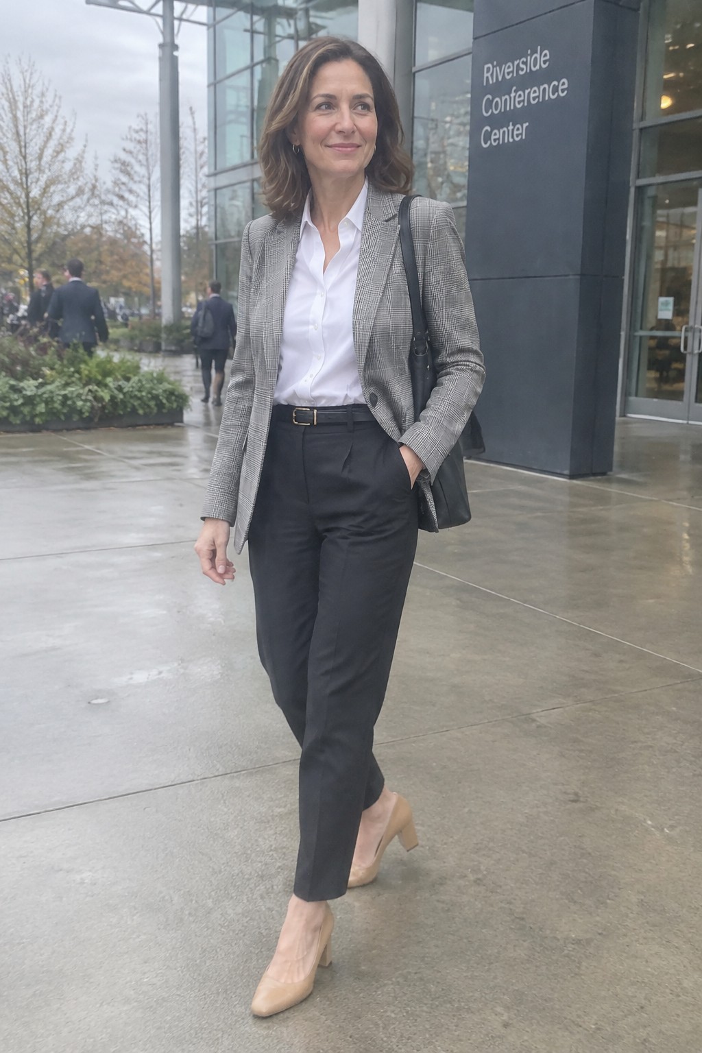 Businesswoman in plaid blazer and black pants outside glass conference center