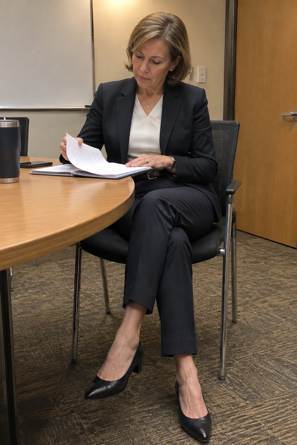 Businesswoman in navy suit reading documents at round wooden conference table in office