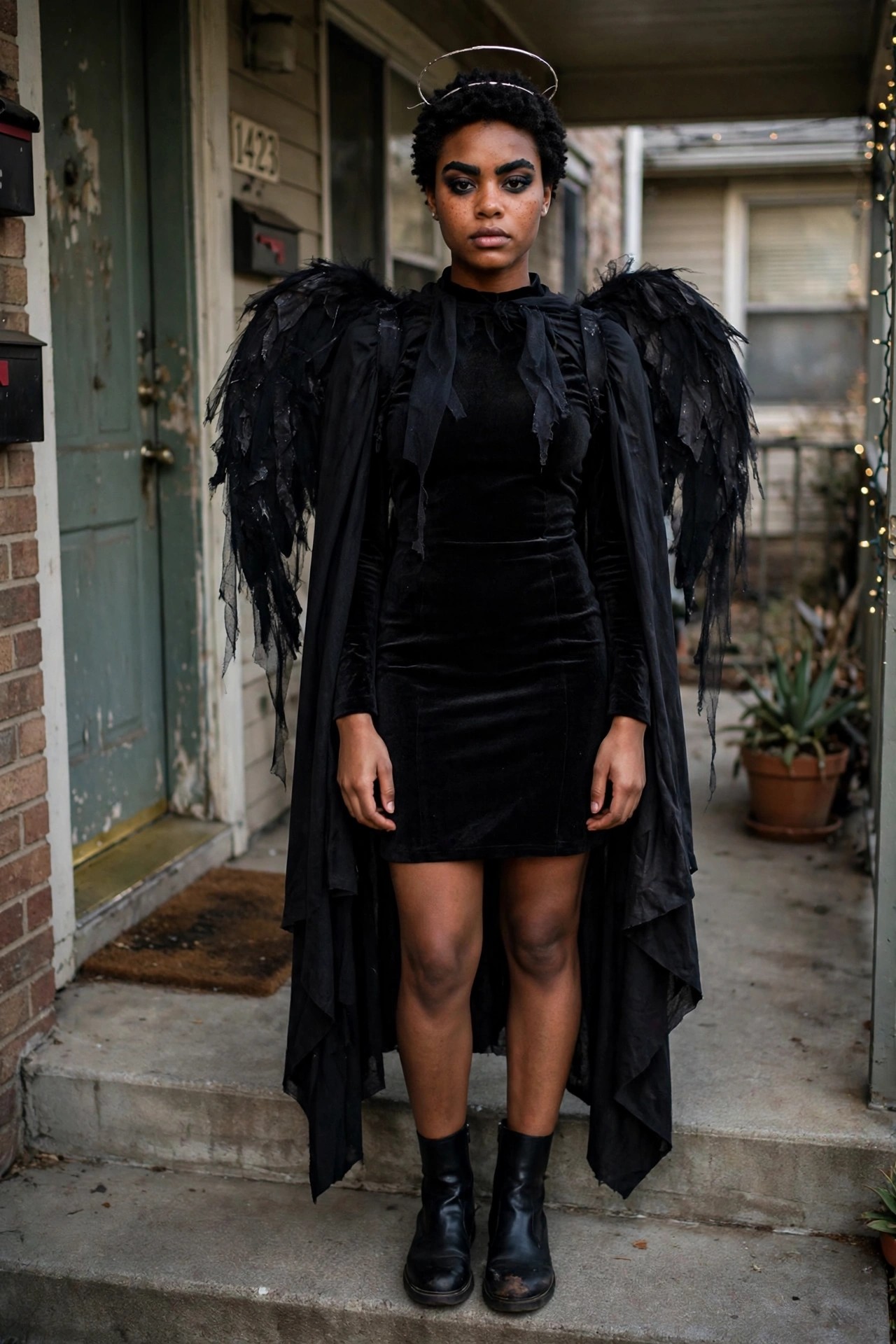 Woman wearing a black velvet mini dress with large black feathered angel wings, a matching black cape, black ankle boots, and a thin silver halo headpiece.