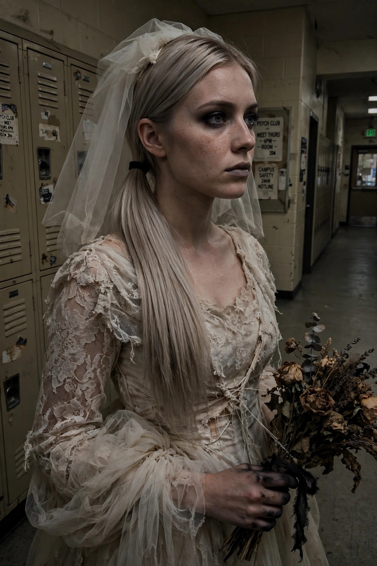 Woman wearing a torn off white wedding dress with a veil holding a bouquet of dried flowers with dirt on her hands.
