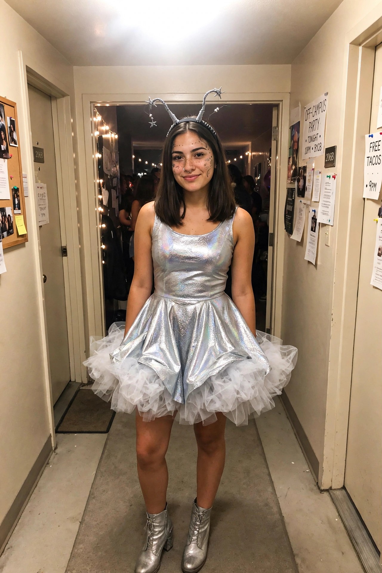 Young woman wearing a silver metallic dress with white tulle layers, silver boots, star face paint, and antennae headband as an alien costume.