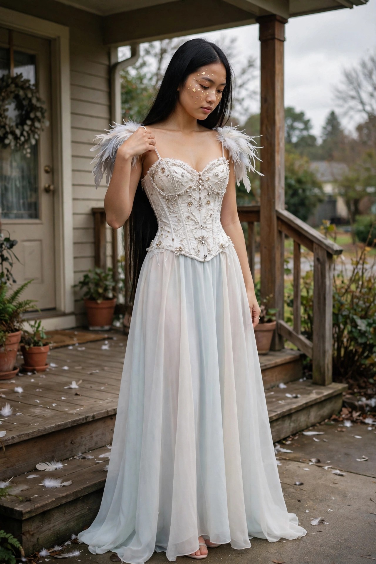 Woman wearing a white beaded corset with feather shoulder accents and a light blue flowing skirt, paired with star face jewels.