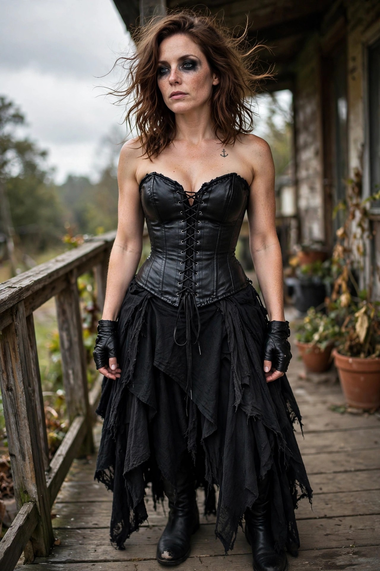 Woman wearing a black leather corset with front lacing and a ragged black layered skirt paired with black boots and fingerless gloves.