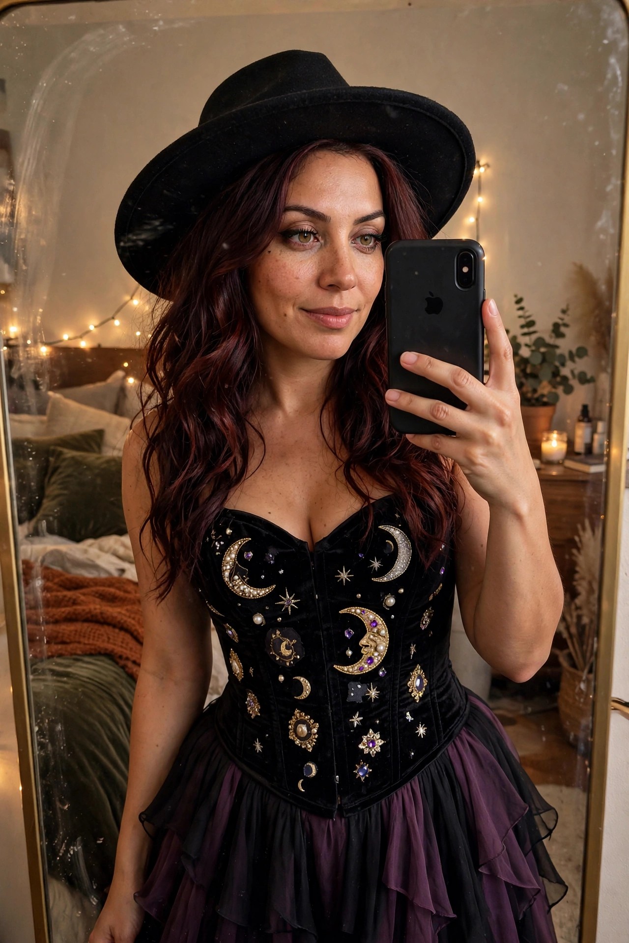 Woman wearing a black velvet corset covered in moon and star embellishments with a layered purple and black tulle skirt and wide black hat.
