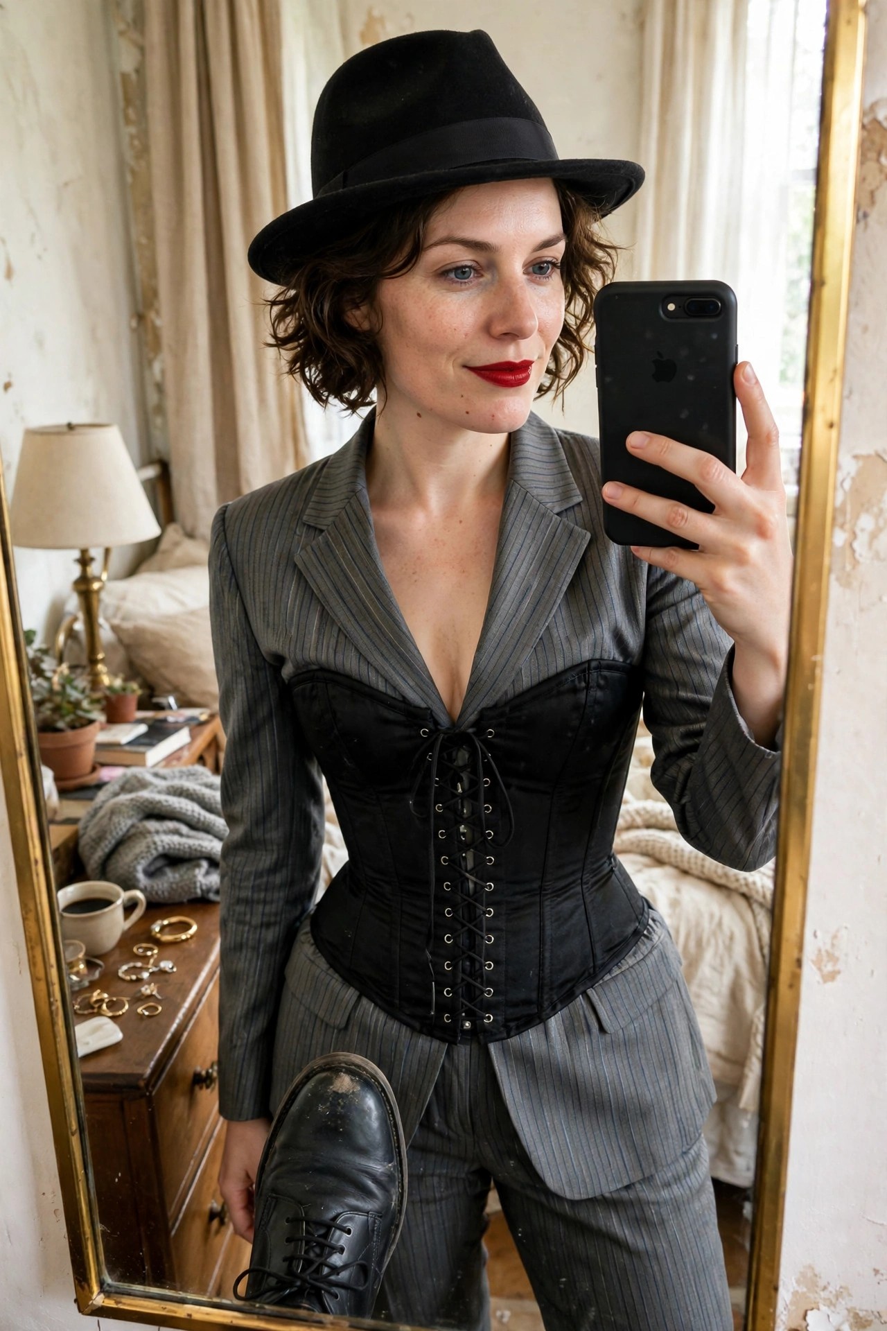 Woman wearing a gray pinstripe suit with a black lace up corset over it, black fedora, red lipstick, holding a phone and black boot in a mirror selfie.