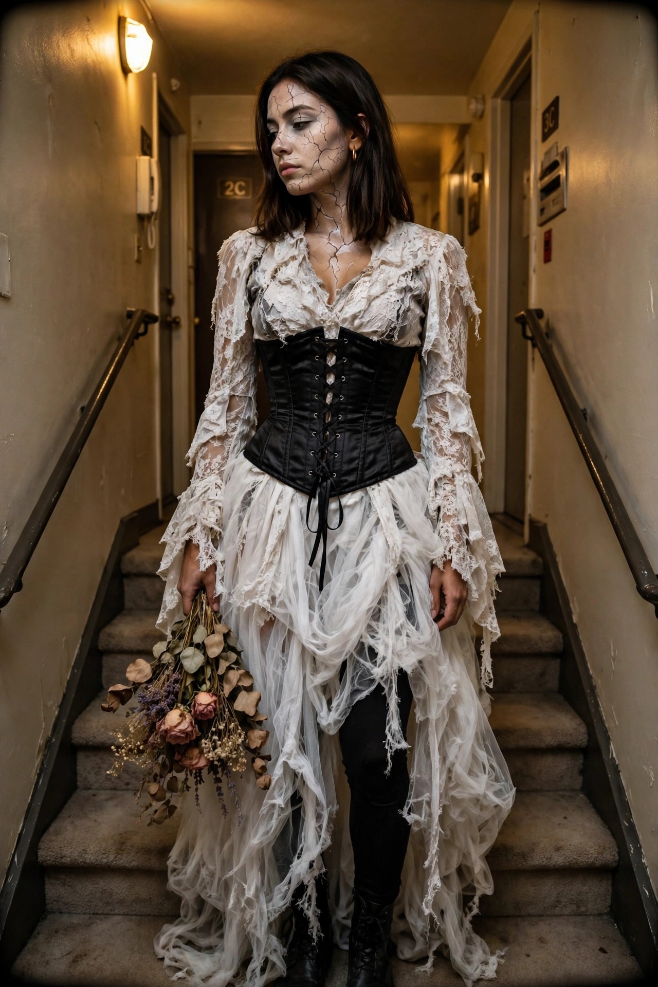Woman wearing a black corset over a torn white lace top and skirt with cracked porcelain face paint on her face and neck while holding a bouquet of dried flowers on a staircase.