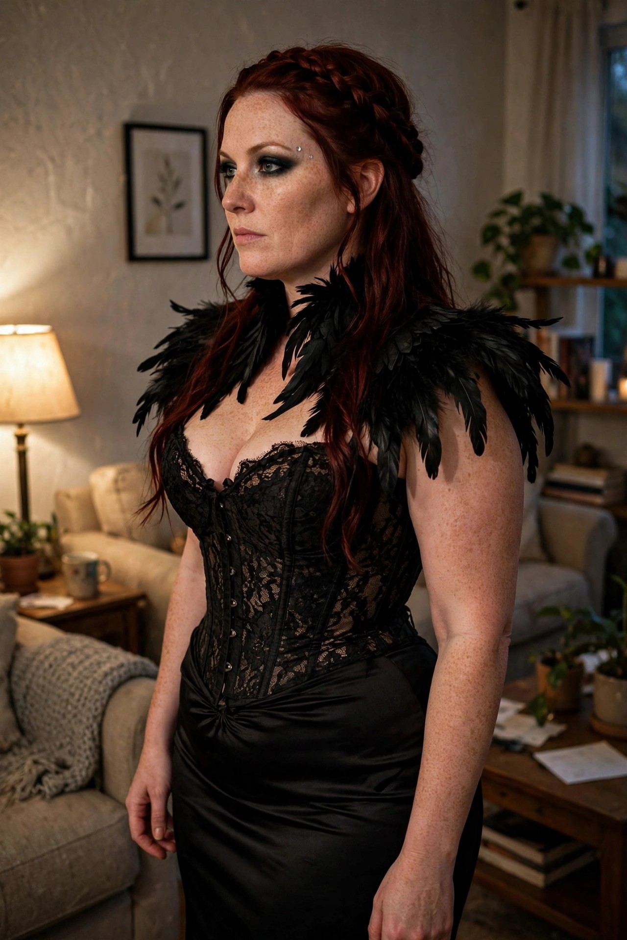Woman wearing a black lace corset with a black satin skirt and large black feathered shoulder pieces resembling wings.