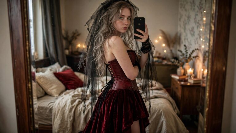 21+ Corset Halloween Costume Ideas Woman wearing a red leather corset with black lacing and a tiered red velvet skirt paired with a black sheer veil and lace gloves for a gothic vampire costume.