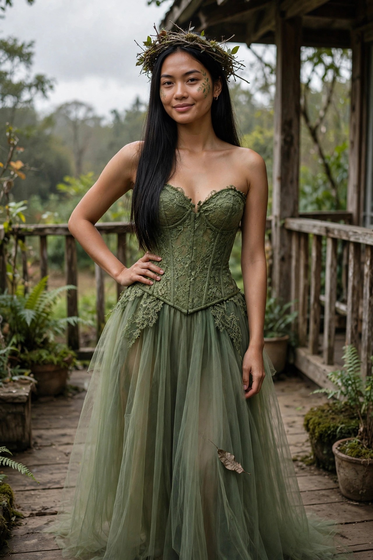 Woman wearing a green lace corset with tulle skirt, twig crown, and leaf face details in a forest setting.