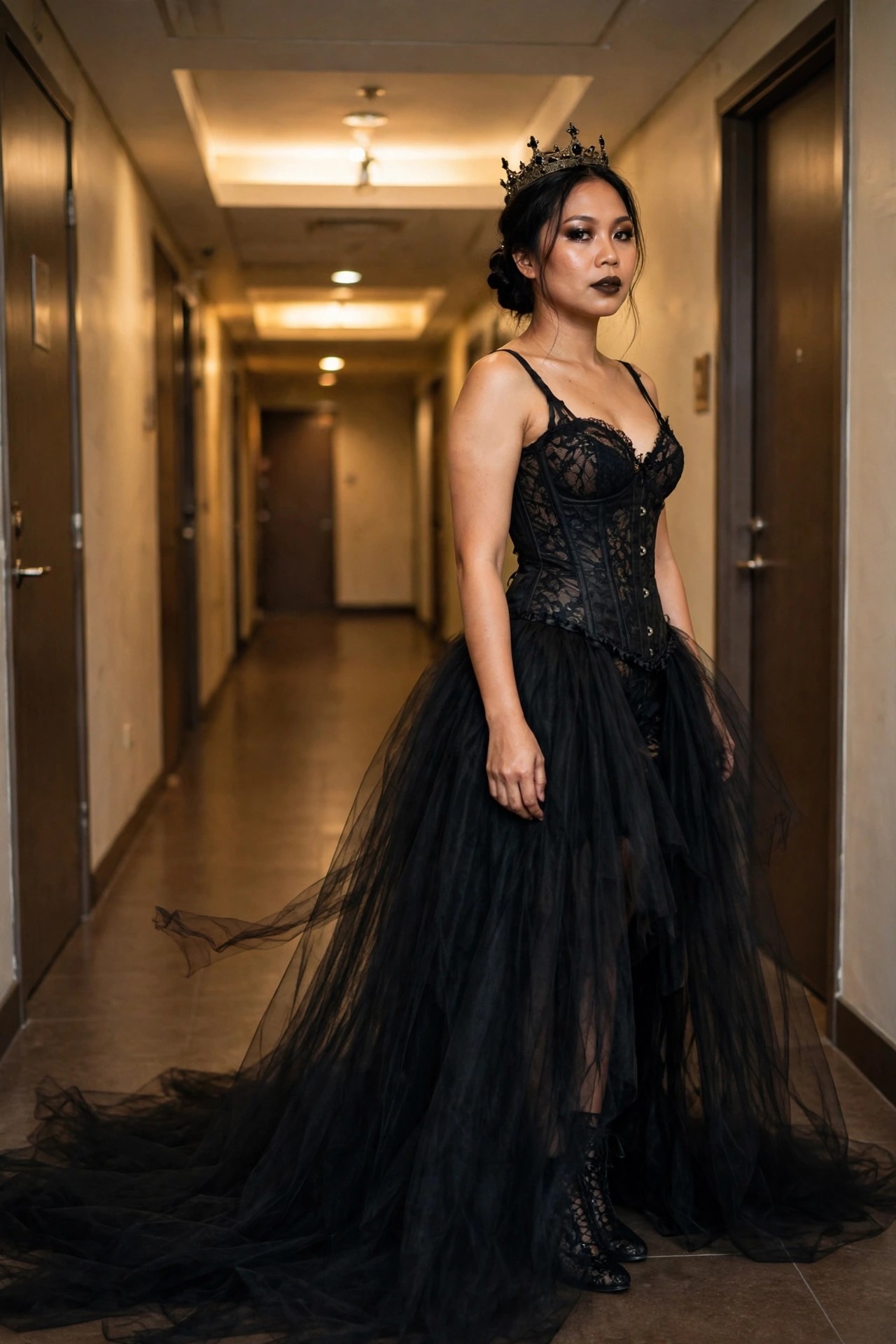 Woman wearing a black lace corset with a full black tulle skirt and a dark jeweled crown standing in a hallway.