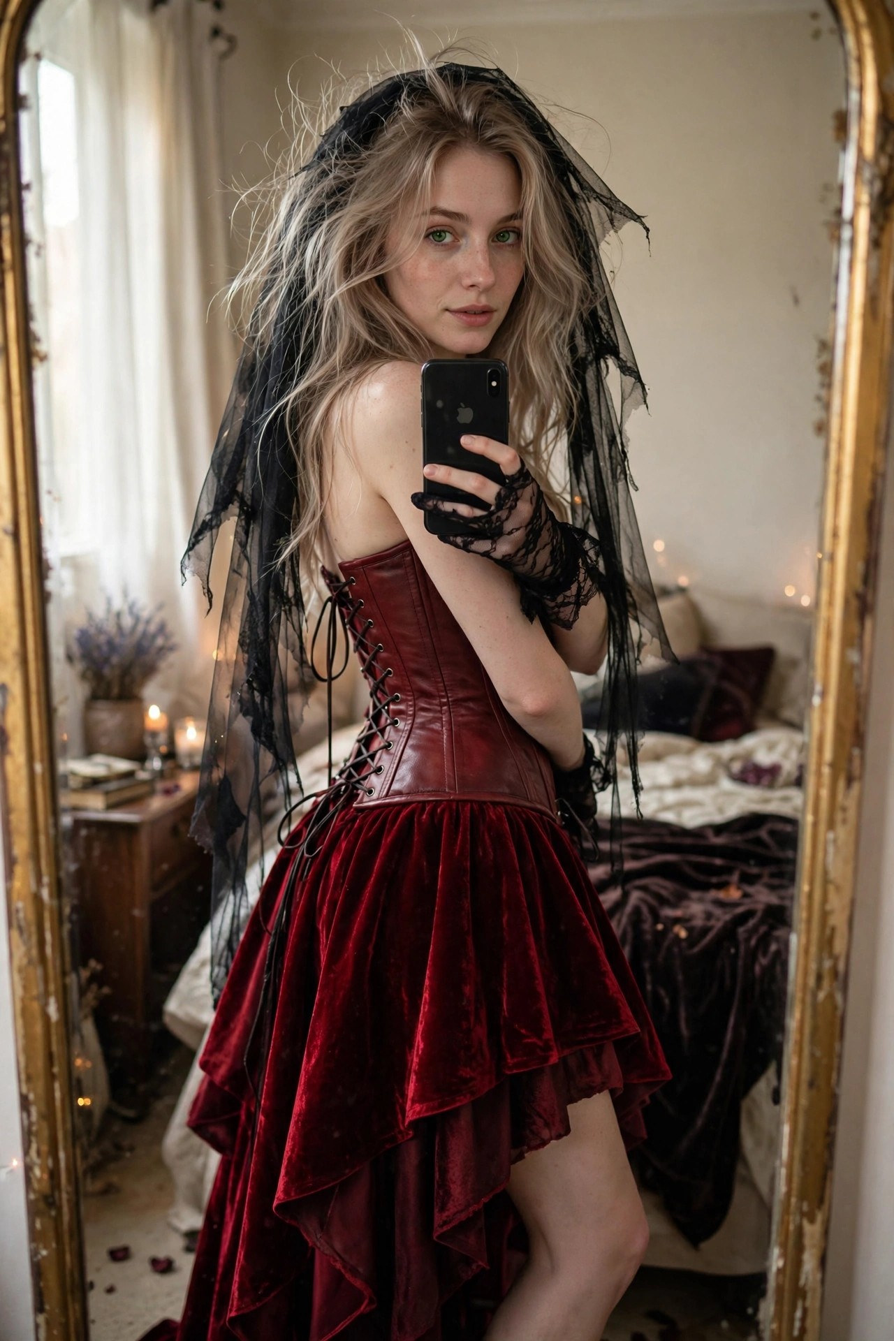 Woman wearing a red leather corset with black lacing and a tiered red velvet skirt paired with a black sheer veil and lace gloves for a gothic vampire costume.
