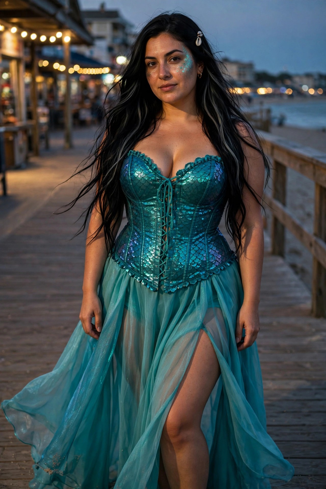 Woman wearing a teal sequined scale corset with front lacing and a flowing sheer teal skirt with high slit, long dark hair with a seashell accessory, glitter on cheek.