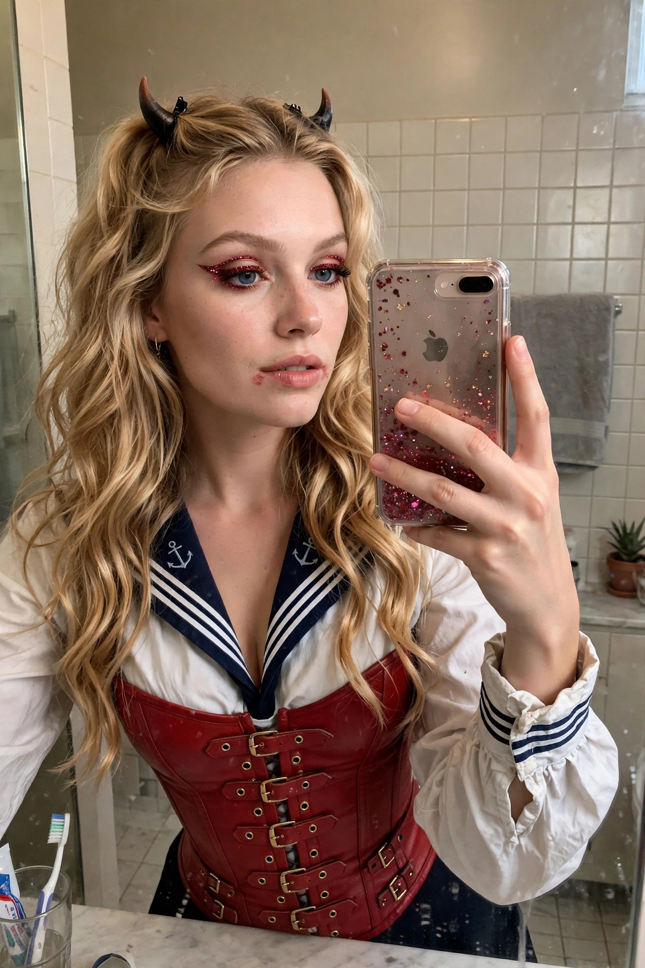 Woman wearing a red buckled corset over a white sailor shirt with devil horns in her blonde pigtails and red glitter eye makeup.