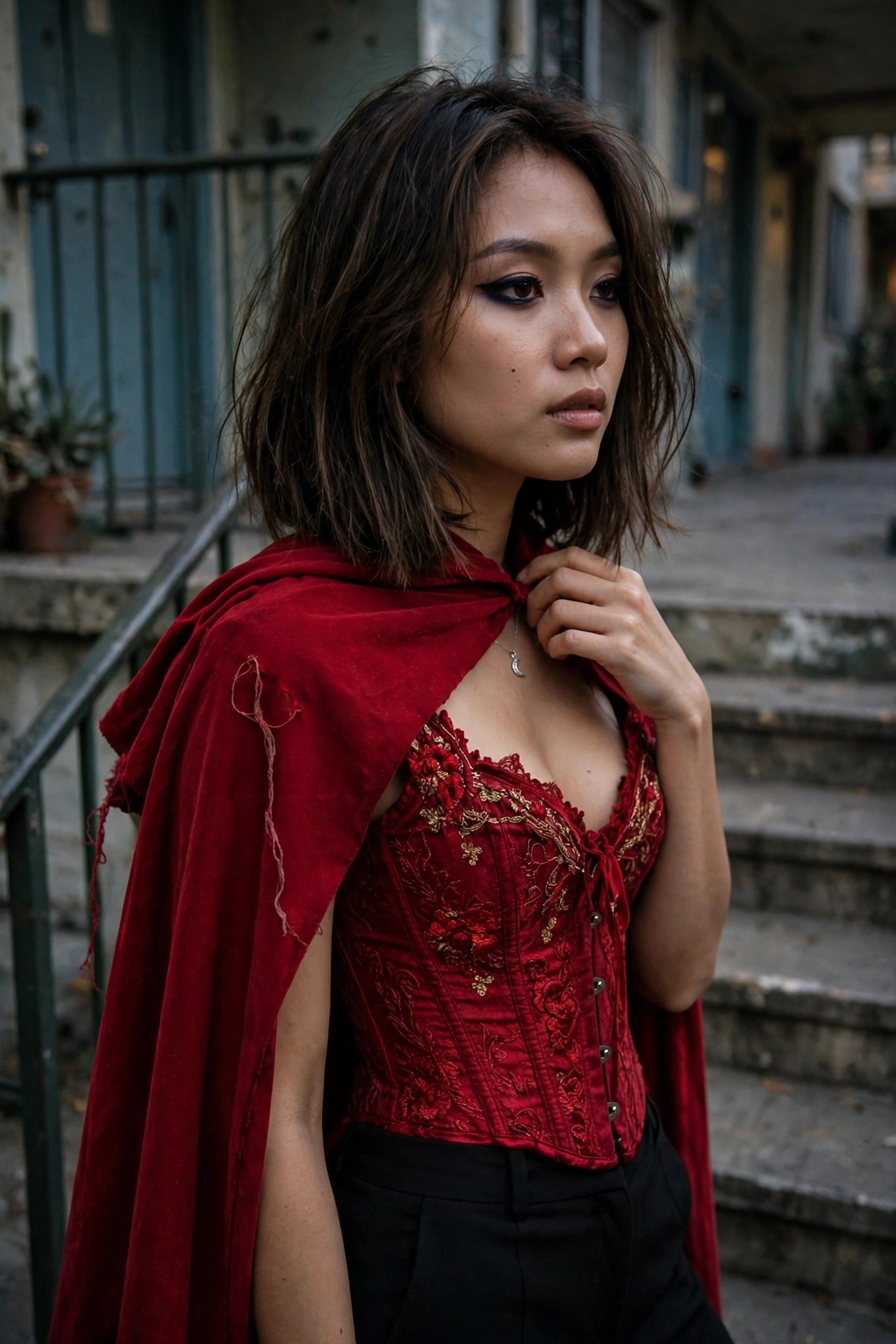 Woman wearing a red velvet corset with gold embroidery and a matching red hooded cape, styled as a Red Riding Hood Halloween costume.