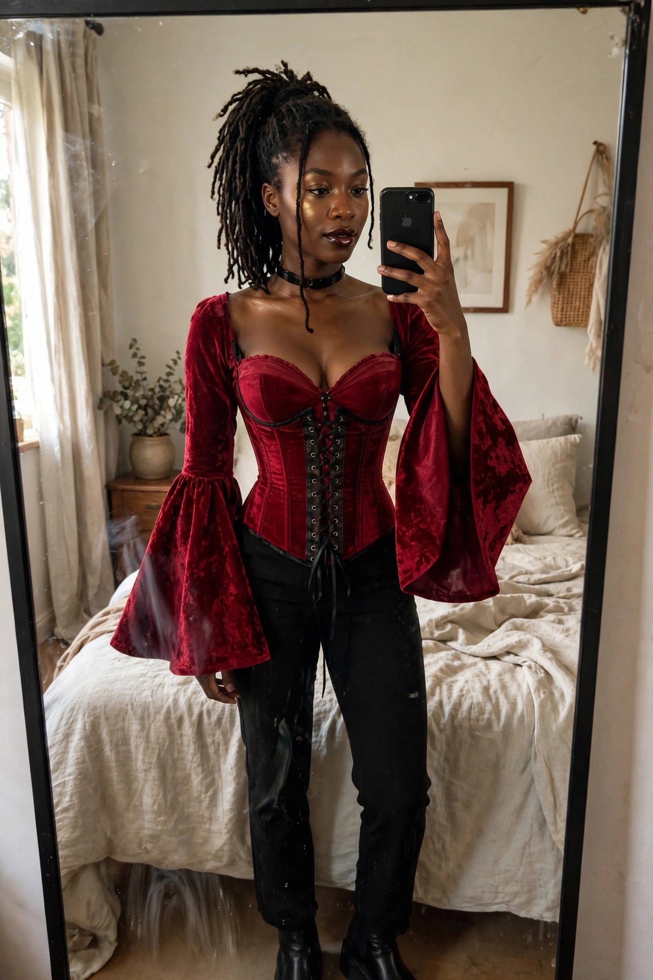 Woman wearing a red velvet corset with black lace-up detail and matching bell sleeves, black pants, black boots, and a black choker while taking a mirror selfie.