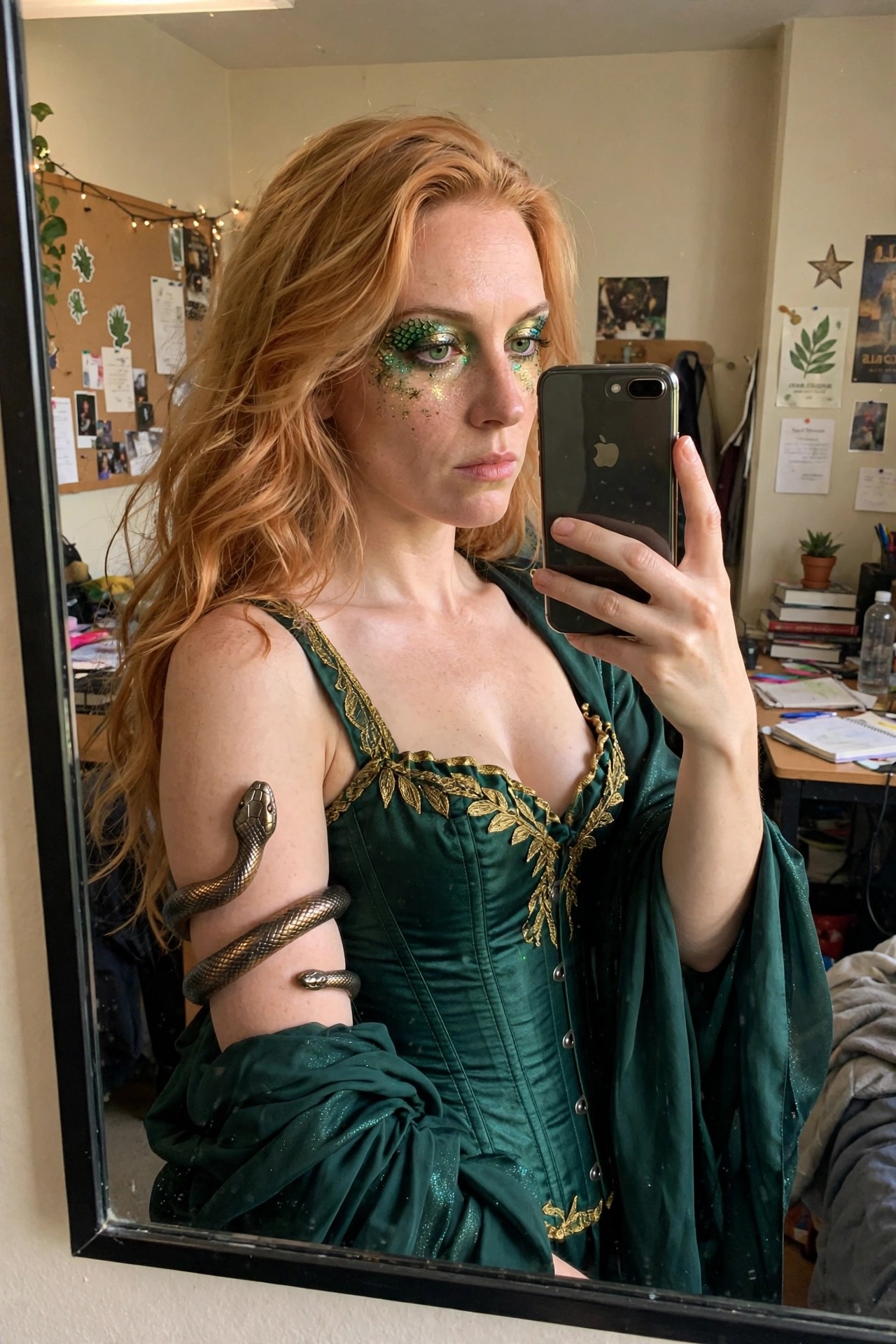 Woman wearing a green corset dress with gold leaf embroidery and a matching cape while holding a phone and posing with a snake prop wrapped around her arm.