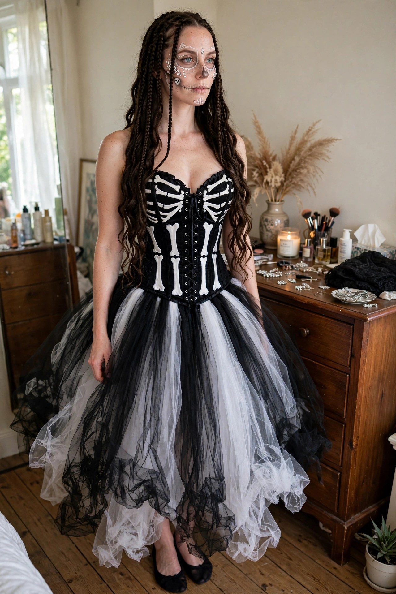 Woman wearing a black corset printed with white skeleton ribs and spine, paired with a full black and white tulle skirt and skeleton face paint.