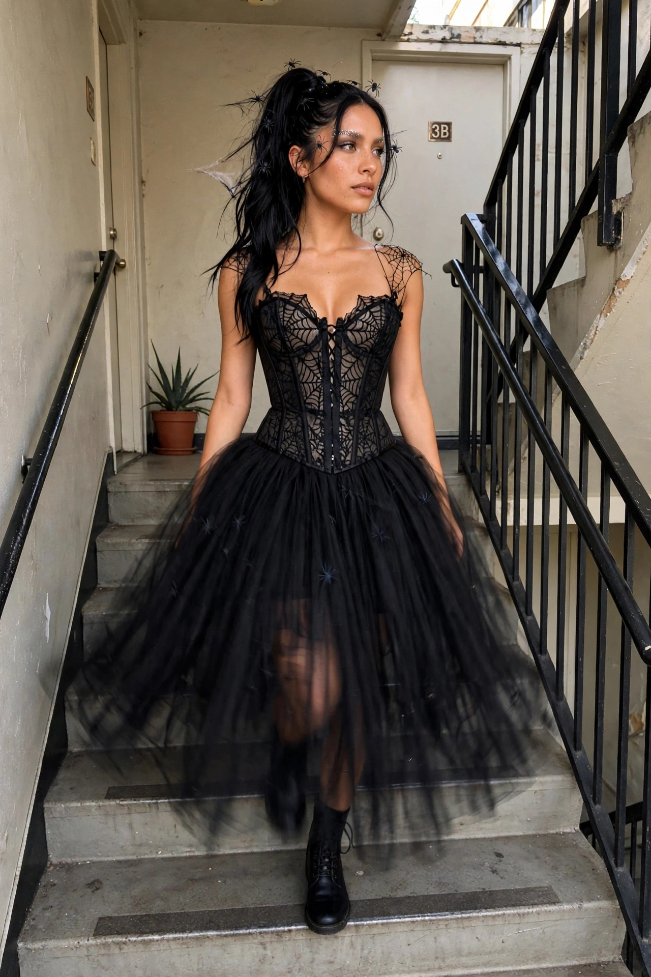Woman wearing a black corset with spiderweb lace details and a full black tulle skirt decorated with small spiders, standing on stairs with spider accessories in her hair.