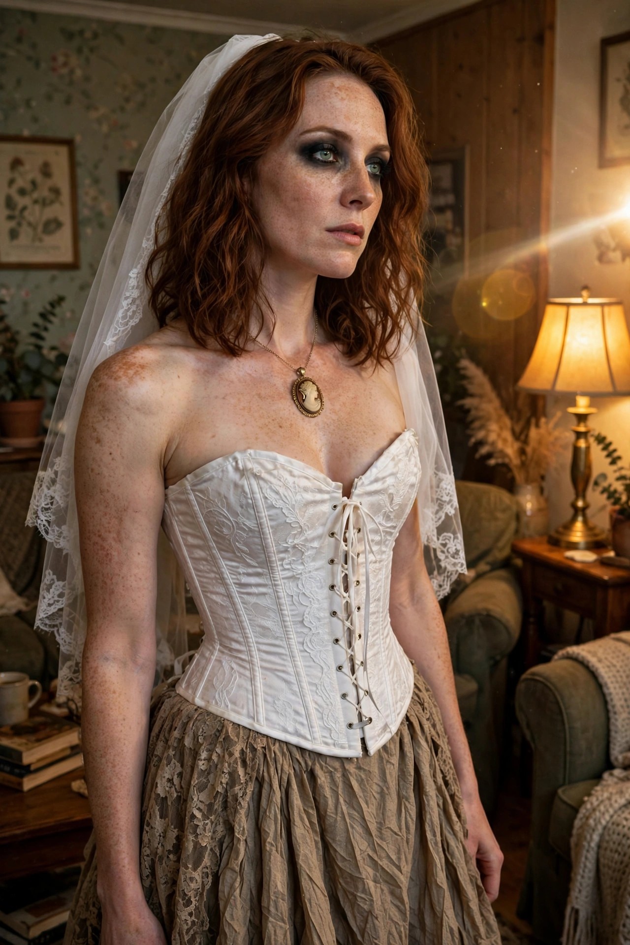 Woman wearing a white corset with front lacing, lace veil, and beige lace skirt styled as a ghost bride costume.