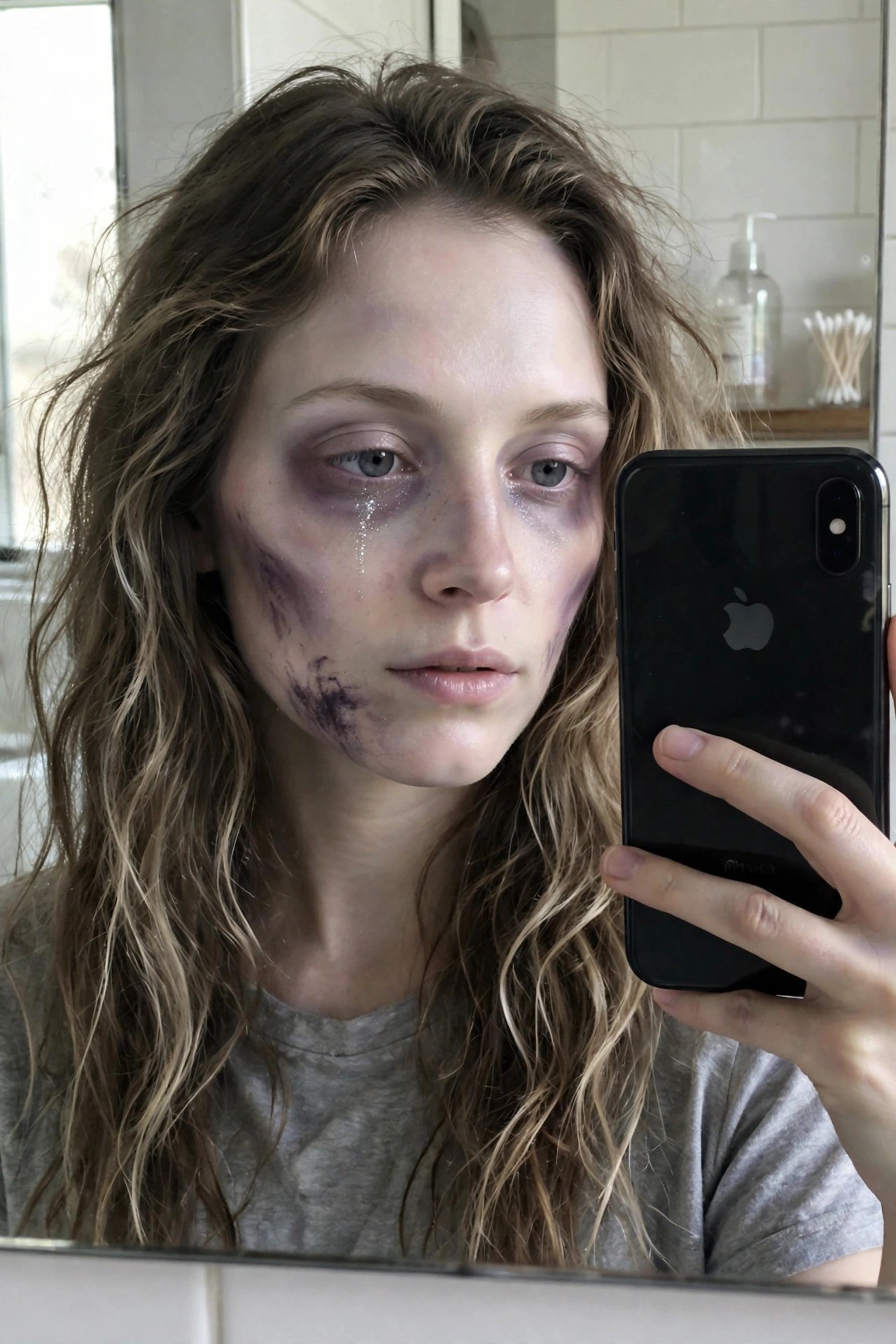 Close-up mirror selfie showing dark purple and black bruised eye makeup extending onto the cheek with smeared edges and visible tear streaks.