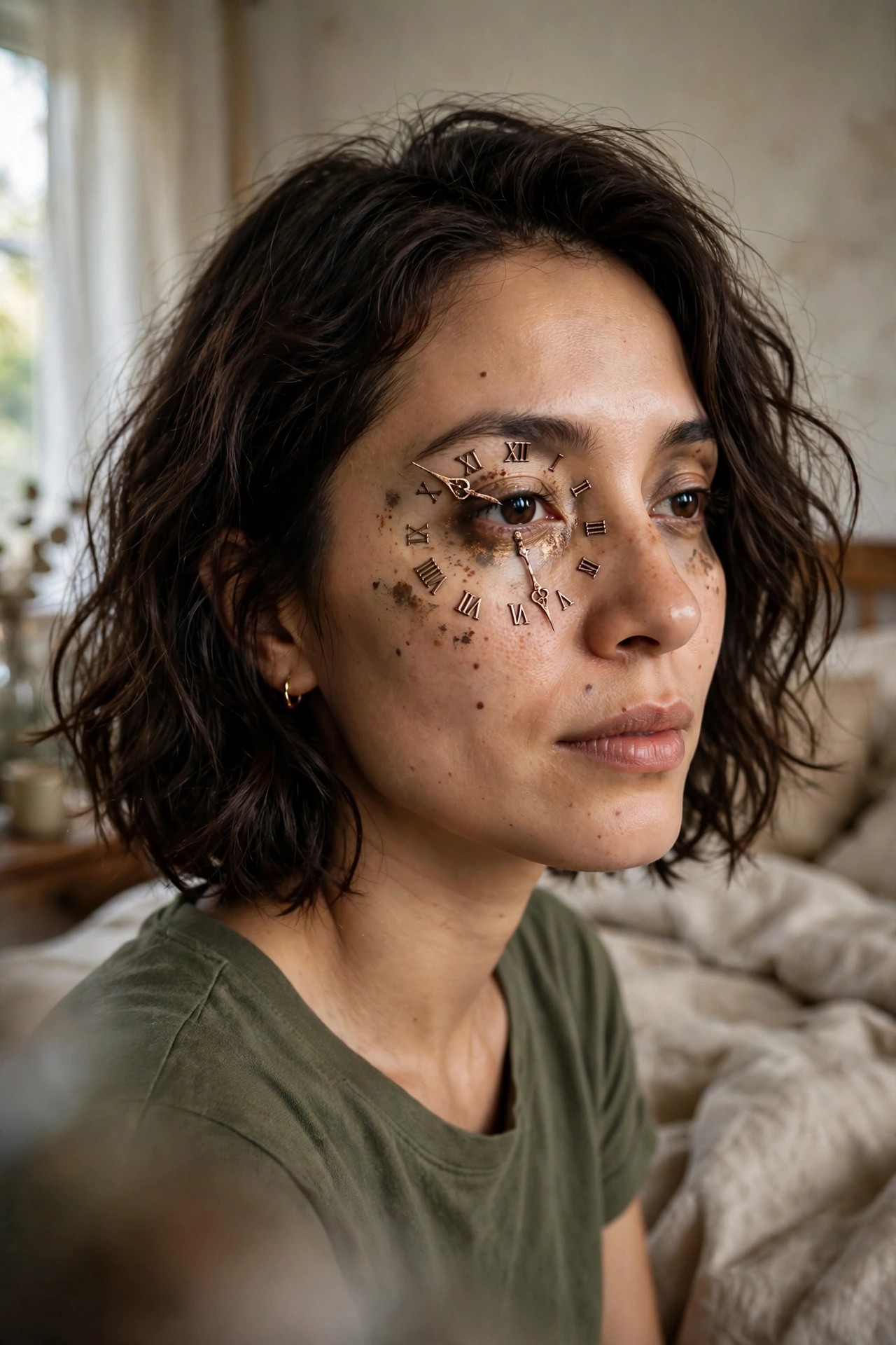 Close-up of a woman with a clock face painted on her skin using Roman numerals and clock hands positioned around the eye and cheek, with a distressed brown finish.