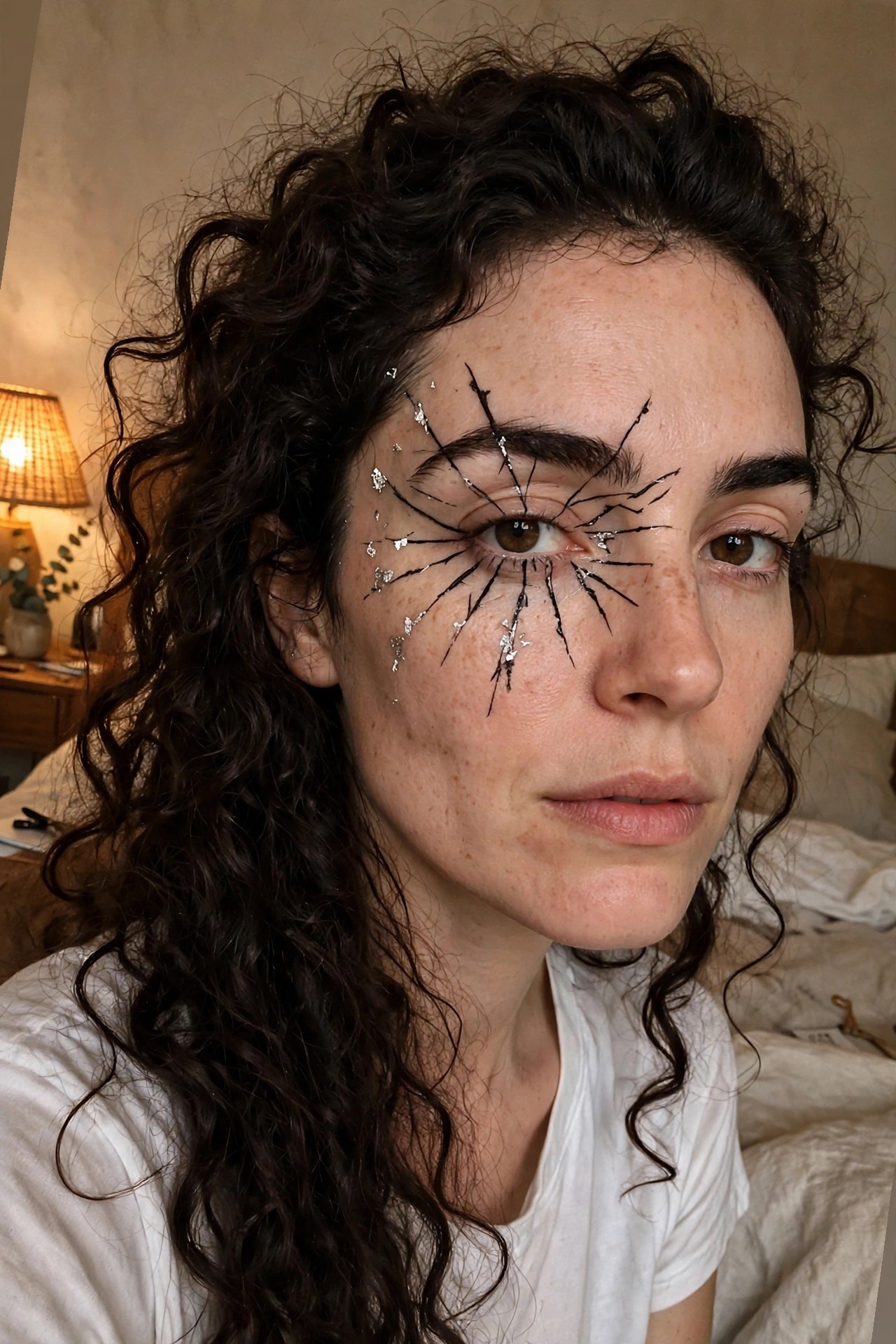 Close up of cracked glass eye makeup with black radiating lines and silver foil accents on one eye.